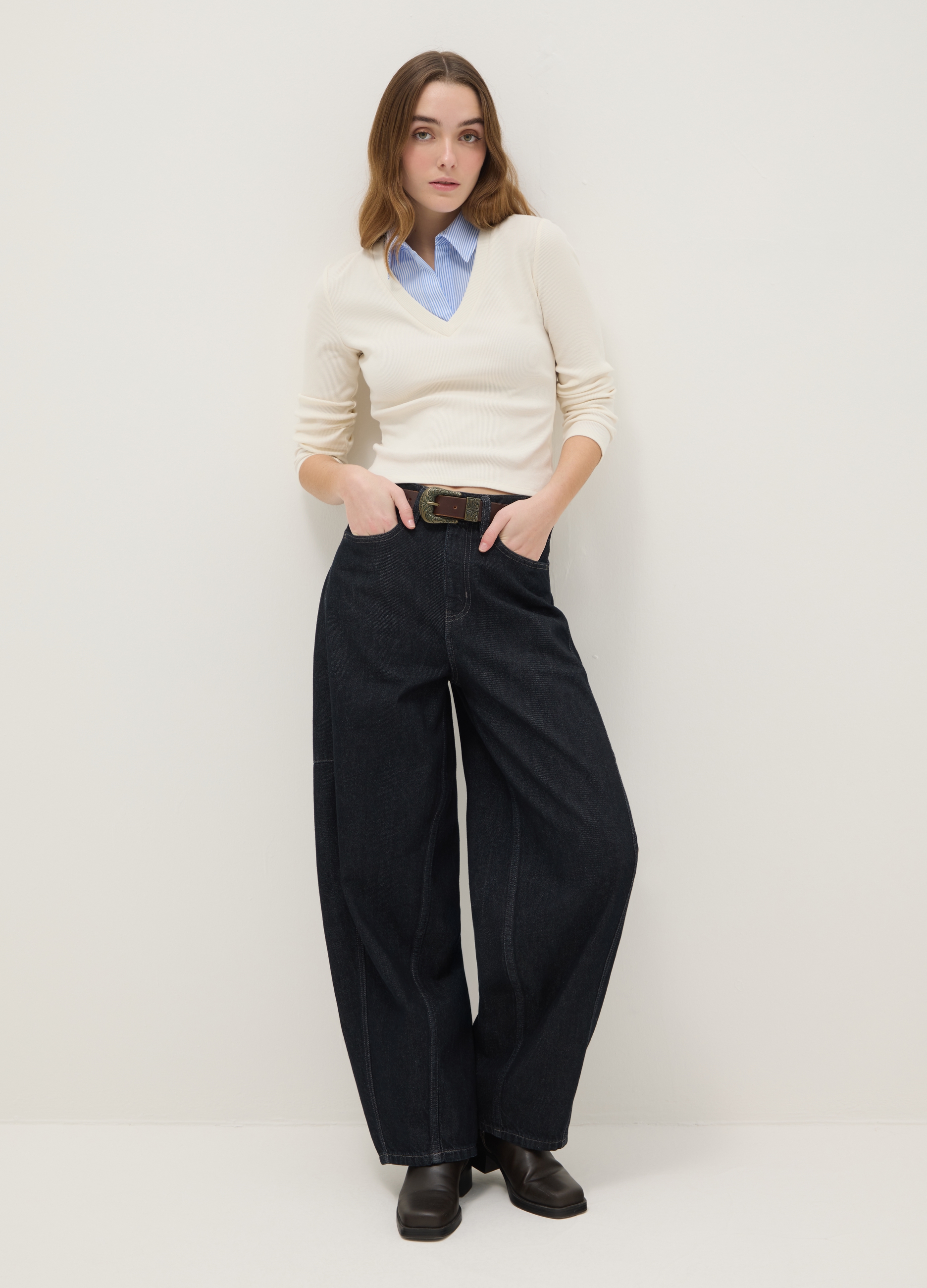 B.ANGEL, Camiseta Beige De Algodón Elástico Regular Fit Con Cuello Contrastado, Mujer, Blanco marfil, Talla: 34