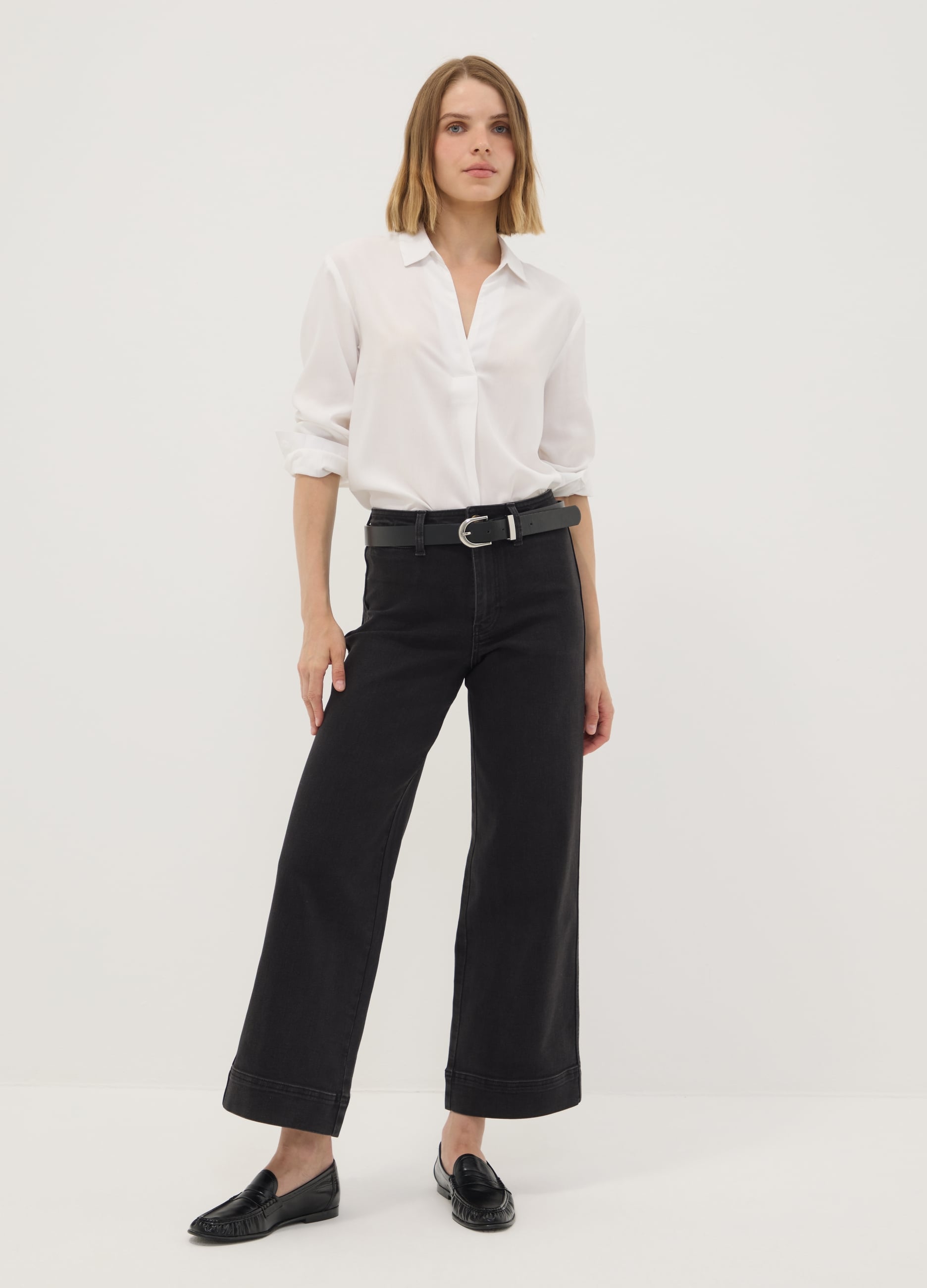 REPUBLIC OF DENIM, Jeans Neri Wide Leg In Cotone Elasticizzato, Donna, Nero, Taglia: 40