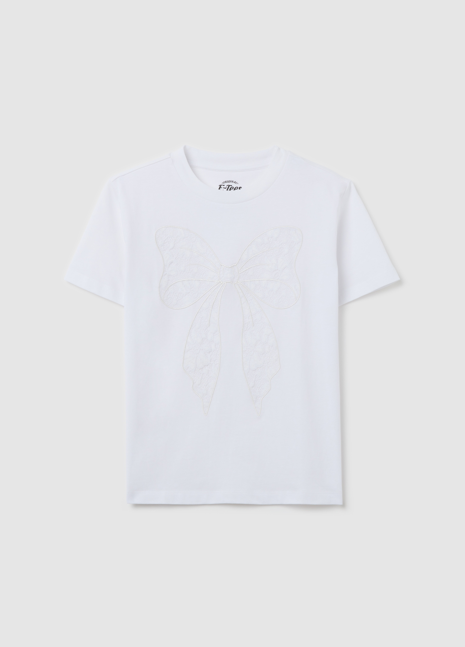 J E-TEES DONNA, T-shirt Bianca In Cotone Con Fiocco In Pizzo, Donna, Bianco, Taglia: XS