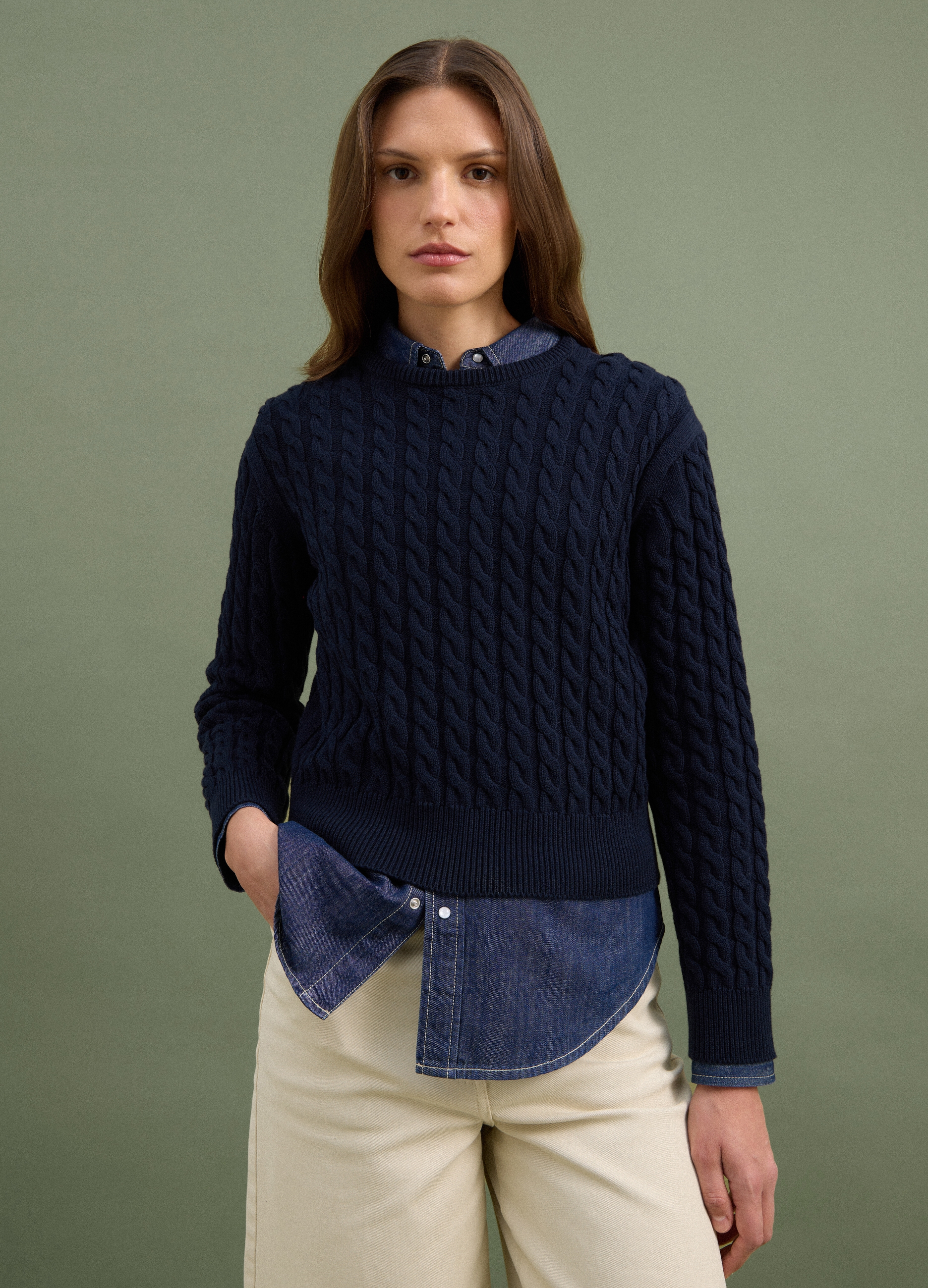 PIOMBO, Maglia Blu Girocollo In Puro Cotone A Trecce Regular Fit, Donna, Blu, Taglia: XS