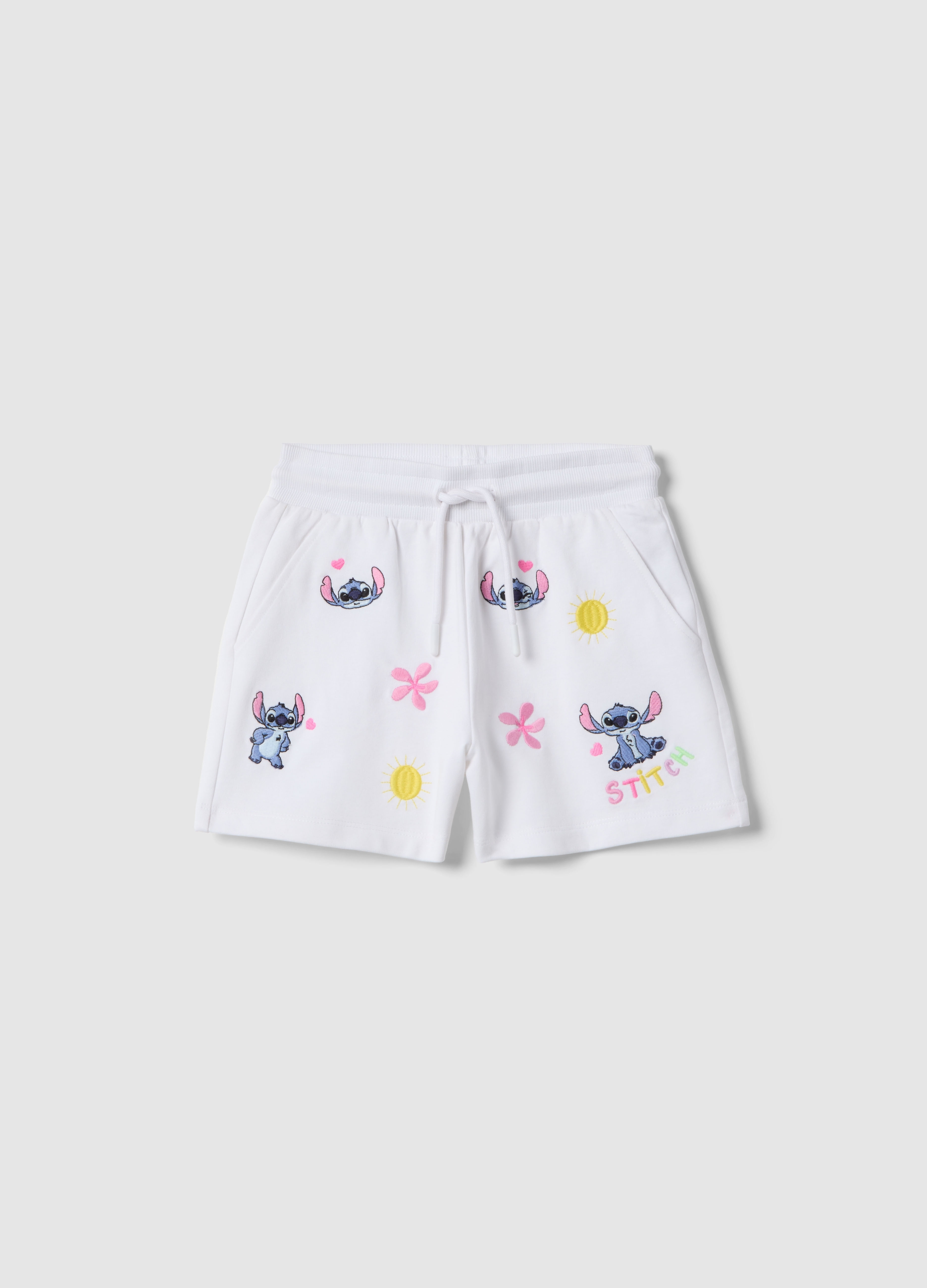 DISNEY, Pantaloncini In Puro Cotone Bianco Da Bambina Regular Fit Con Stitch, Bianco, Taglia: 6-7