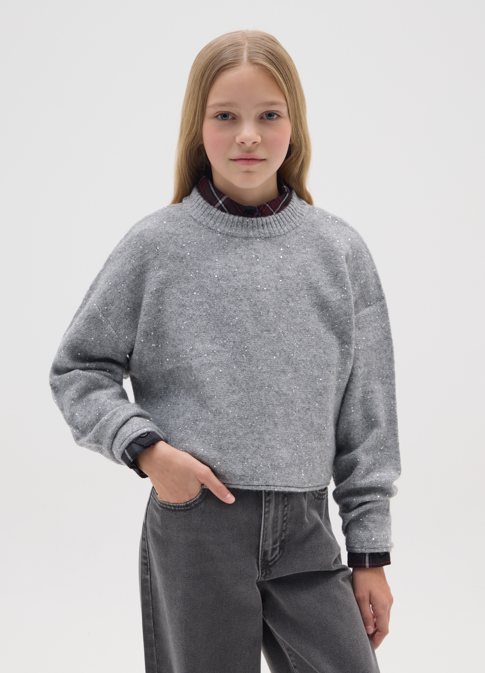 OVS KIDS, Maglione Grigio Con Lurex A Girocollo, Bambina, Grigio, Taglia: 13-14