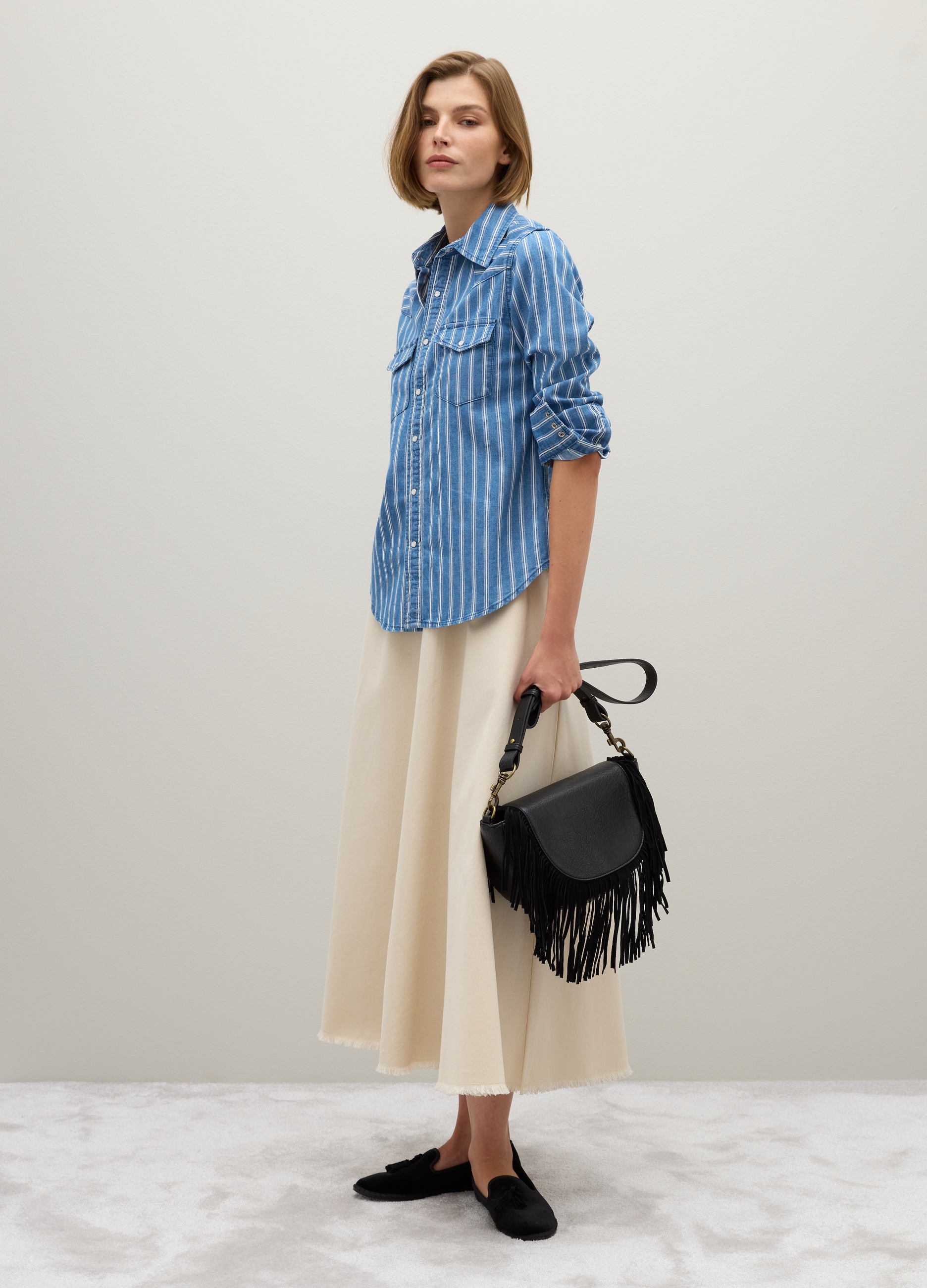 PIOMBO, Camicia Denim A Righe In Puro Cotone, Donna, Denim, Taglia: S