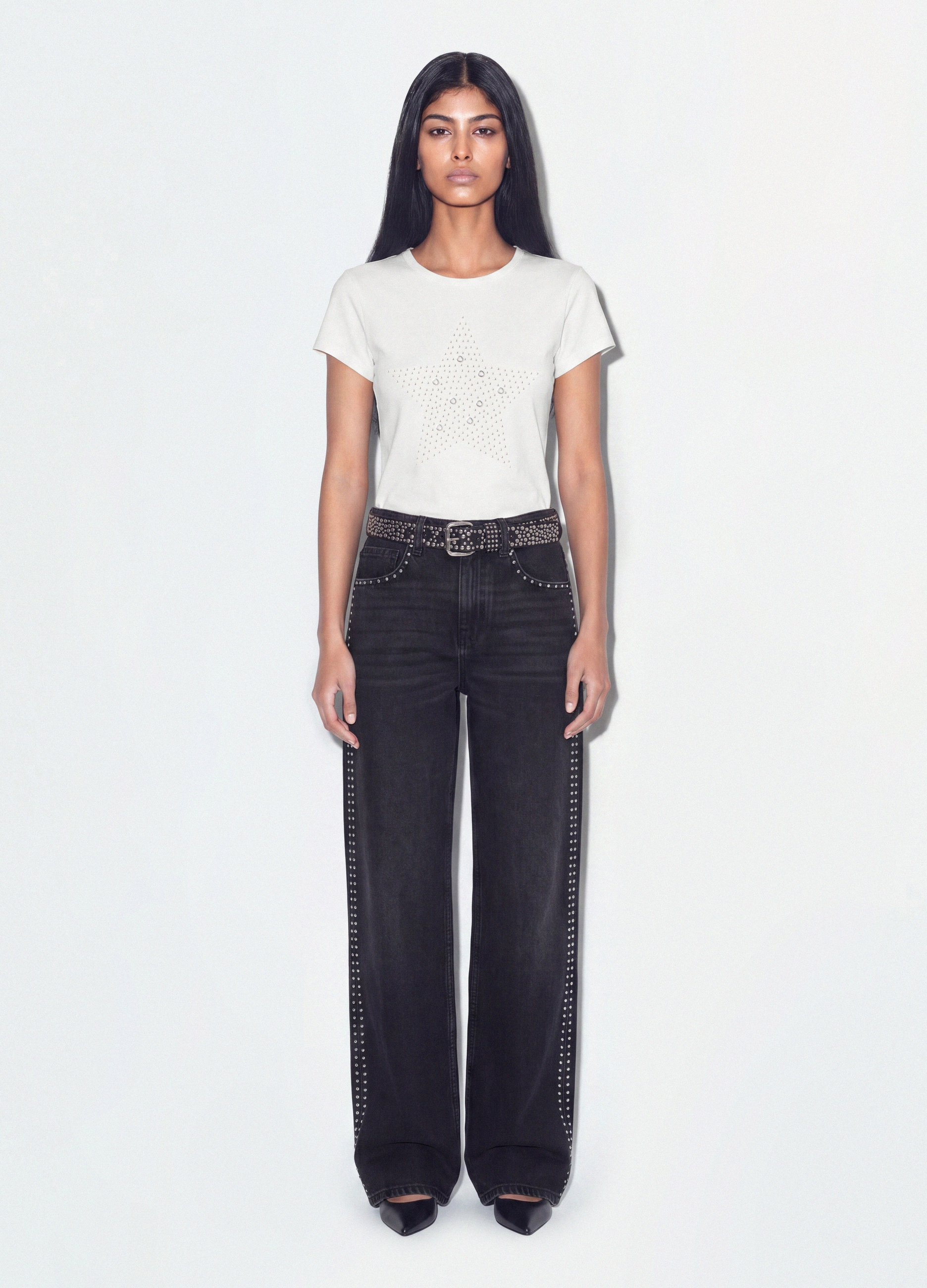 B.ANGEL, T-shirt Fitted Bianca In Cotone Elasticizzato Con Applicazioni Strass, Donna, Bianco, Taglia: S