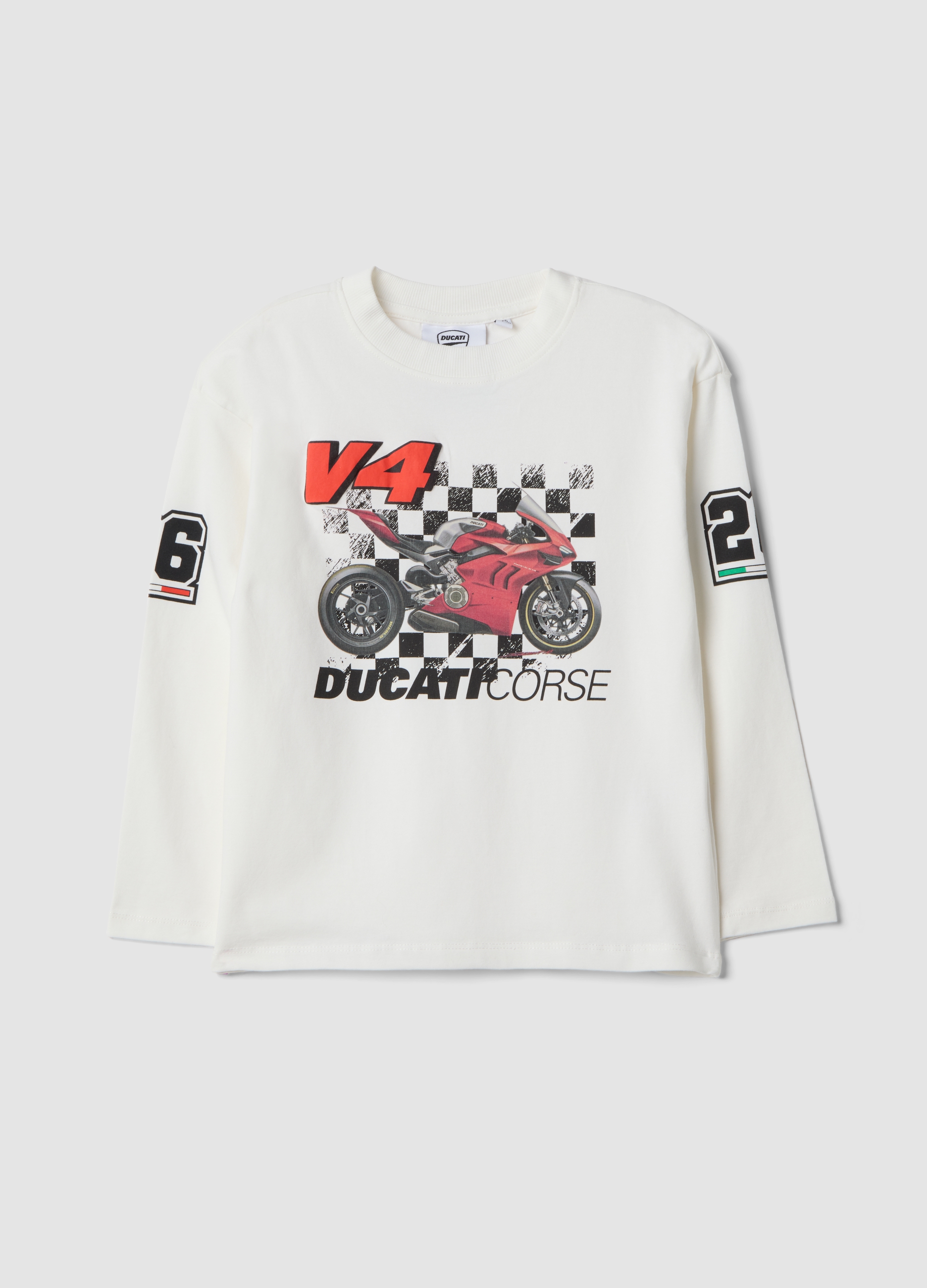 OVS KIDS, T-shirt Bianca In Cotone Elasticizzato Con Stampa Ducati Per Bambino, Bianco, Taglia: 3-4