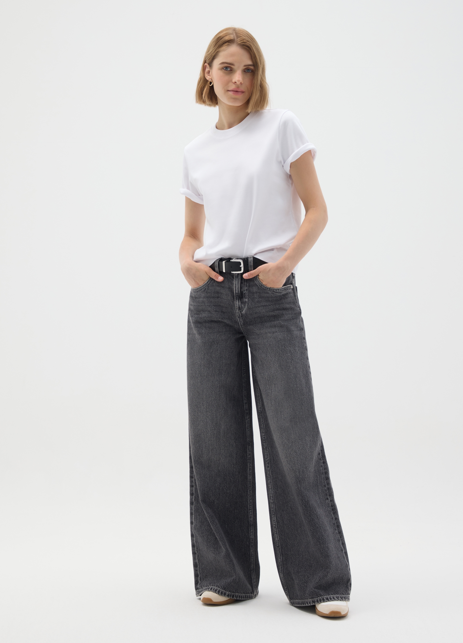 OVS, Vaqueros Grises Anchos De Cintura Alta, Mujer, Gris ceniza, Talla: 34