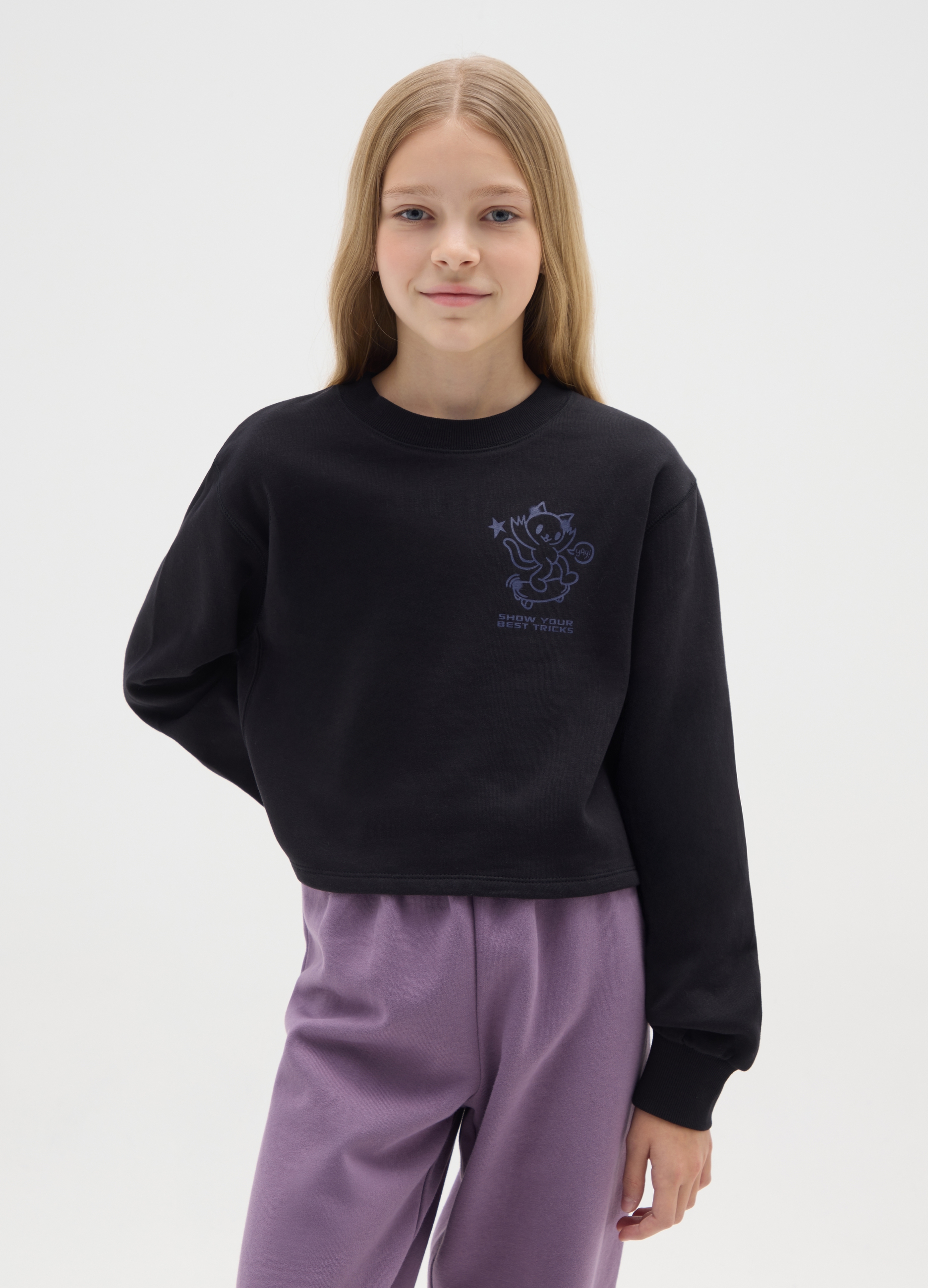 OVS KIDS, Felpa Da Ragazza In Puro Cotone Nero Regular Fit Con Scollo Rotondo, Bambina, Nero, Taglia: 11-12