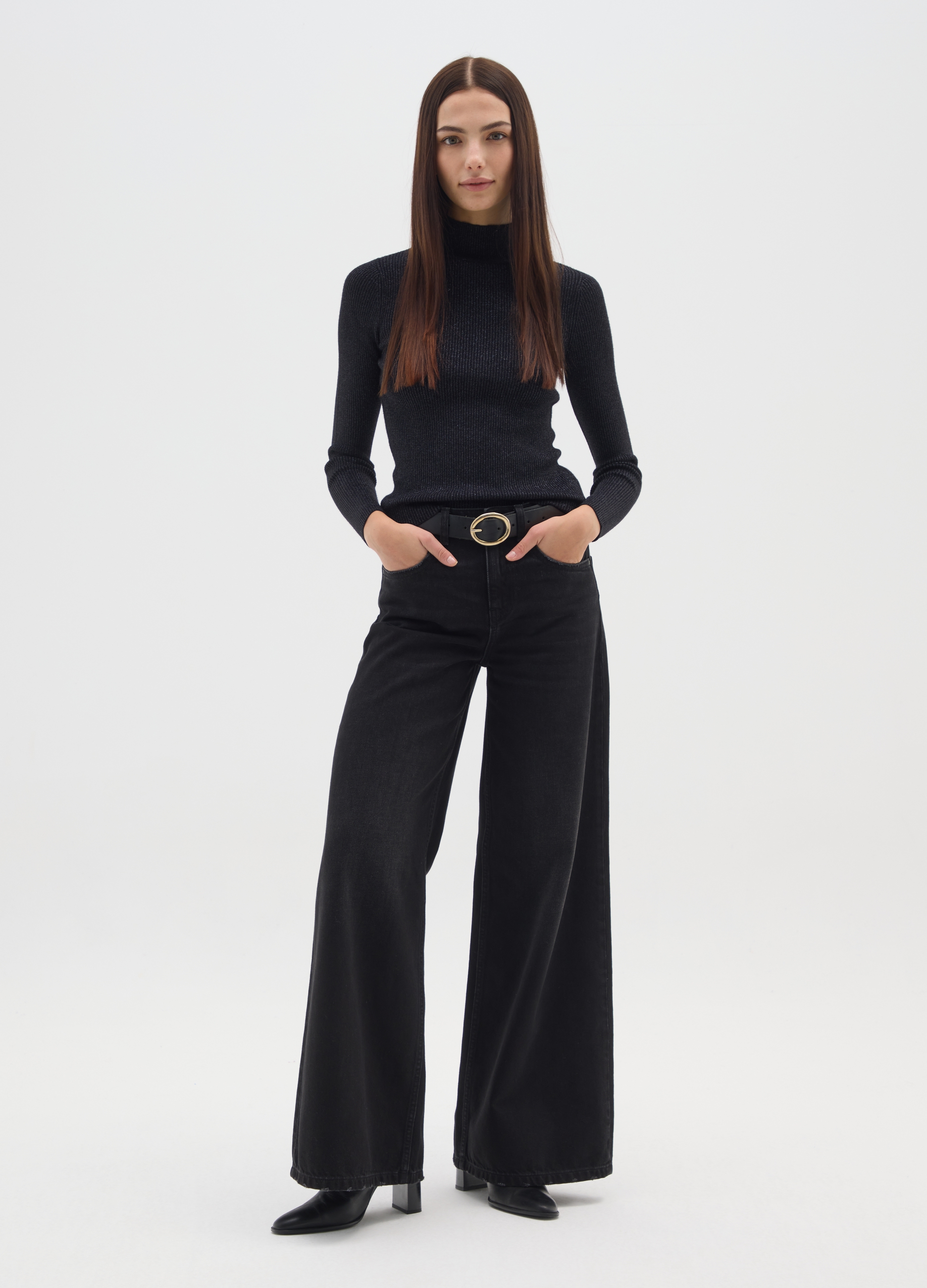 Suéter Negro De Cuello Alto Ajuste Ceñido, Mujer, Gunmetal, Talla: 42