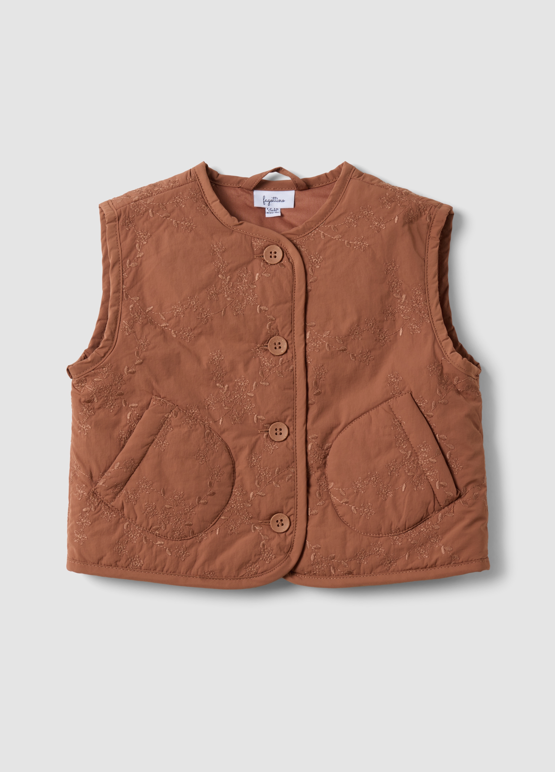 FAGOTTINO, Gilet Marrone Imbottito Con Ricamo Floreale, Bambina, Marrone, Taglia: 12-18