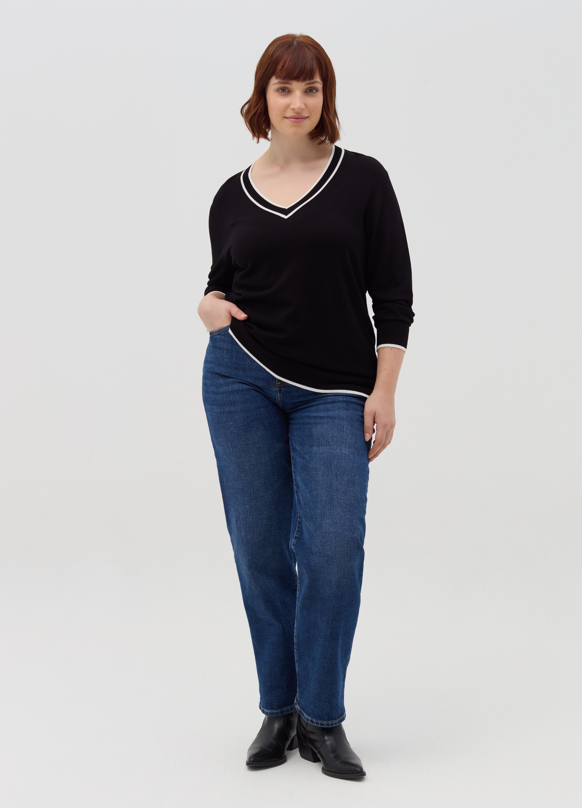 MYA, Pullover Con Profili A Contrasto Curvy, Donna, Nero, Taglia: S