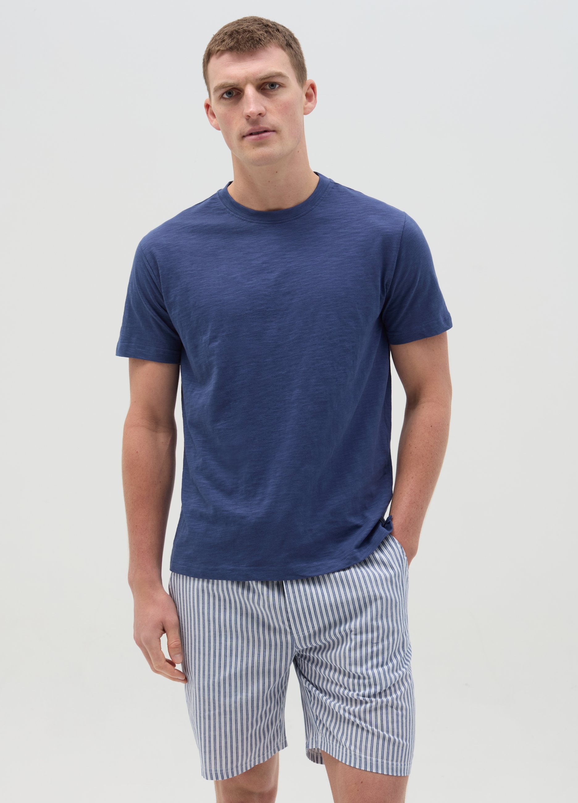 OVS , Pigiama In Slub Jersey Con Shorts Fantasia, Uomo, Blu, Taglia: M