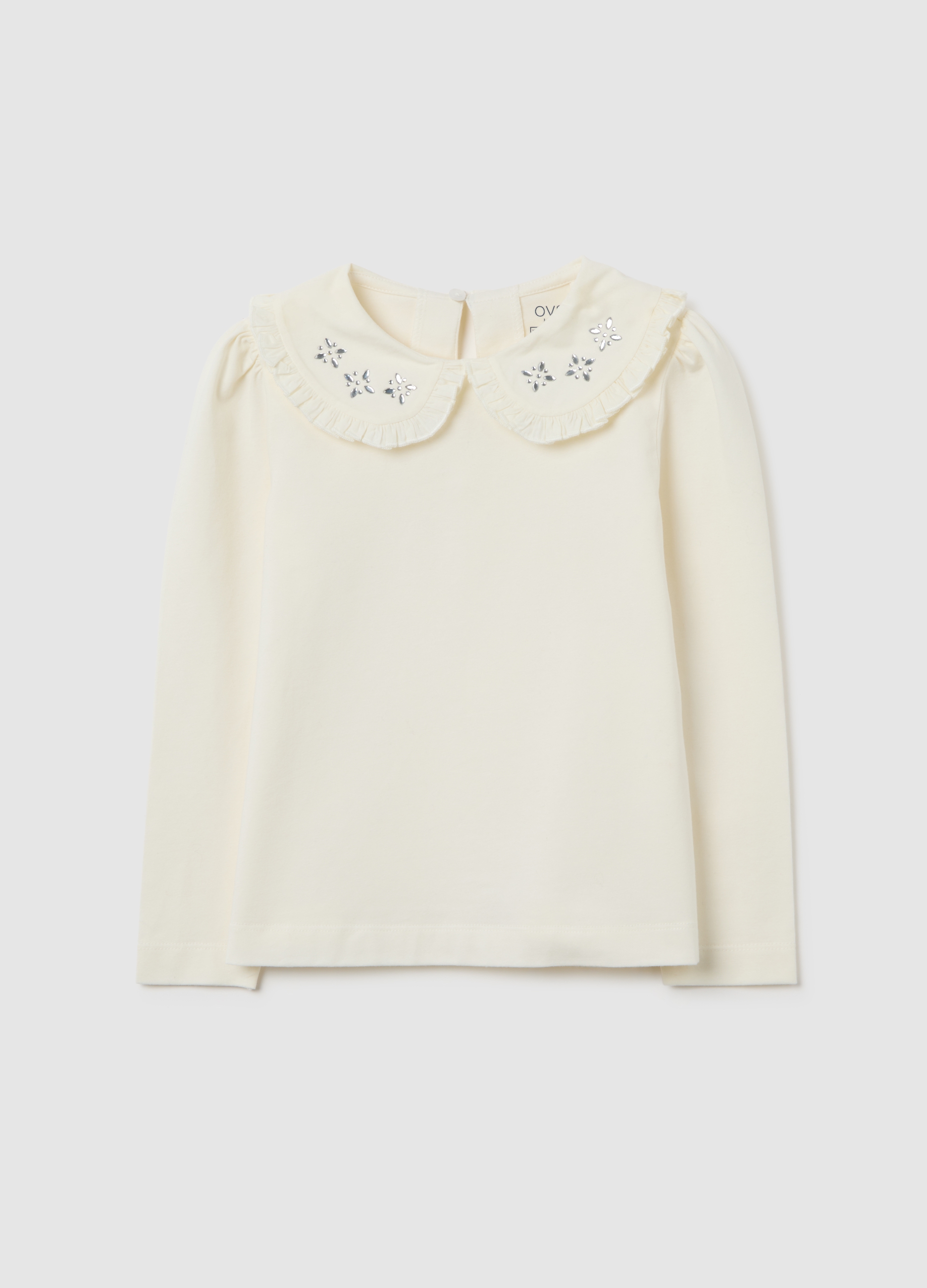 OVS KIDS, Camiseta Blanca De Niña En Mezcla De Algodón Regular Fit Con Cuello Trabajado, Niña, Blanco suave, Talla: 3-4