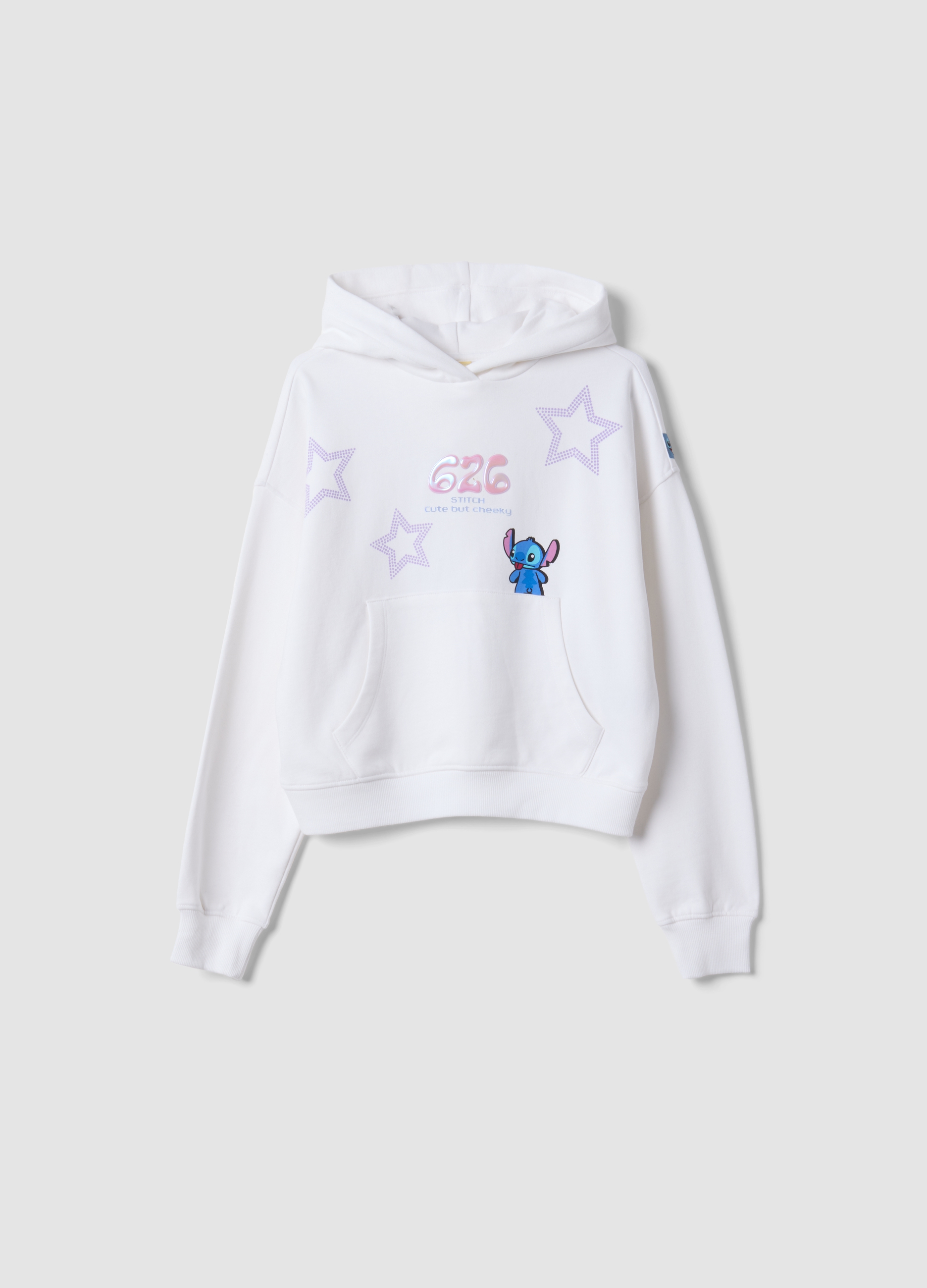 DISNEY, Felpa Bianca Corta In Puro Cotone Con Cappuccio E Stampa Lilo & Stitch, Bambina, Bianco, Taglia: 12-13