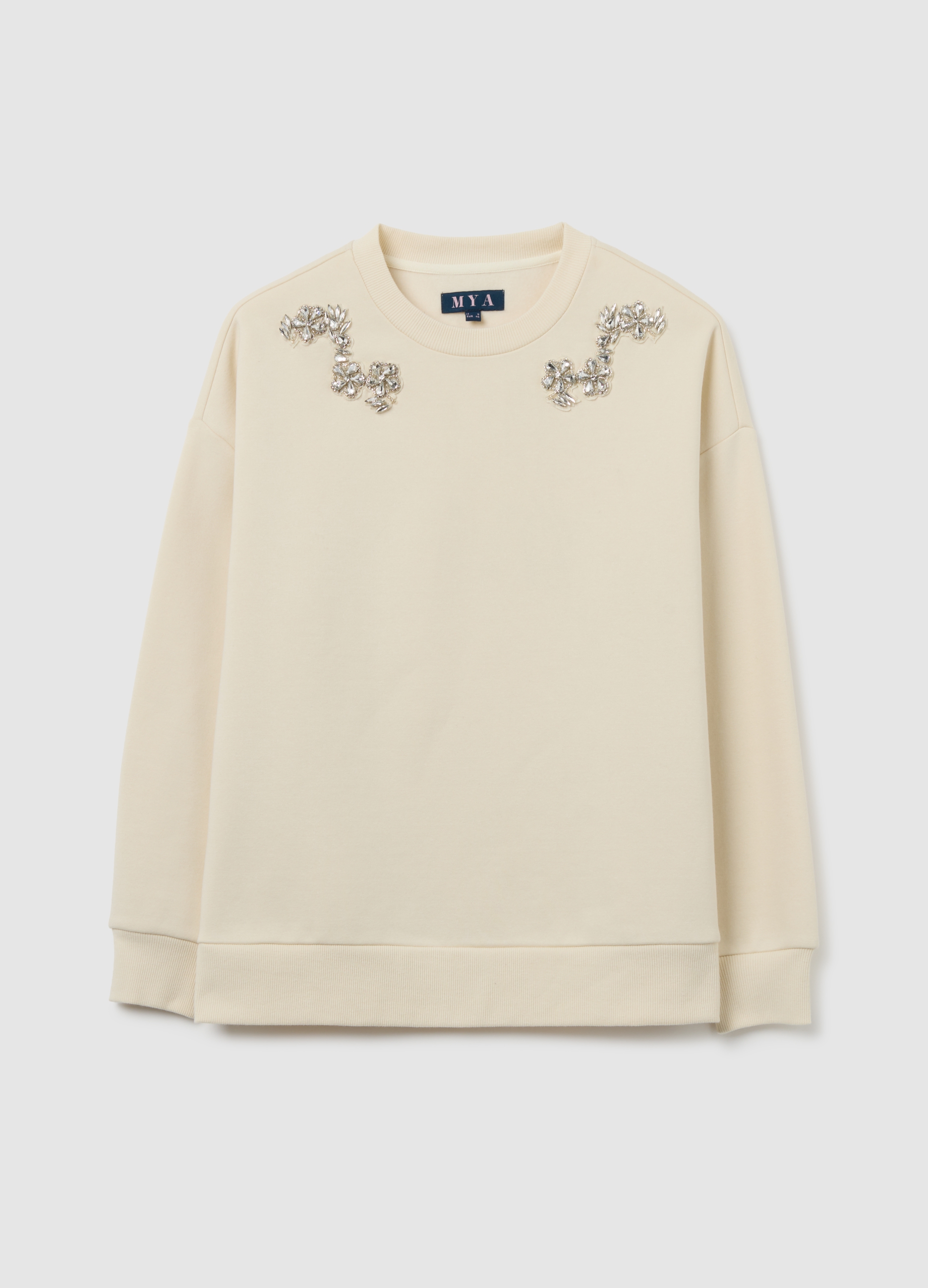 Sudadera Beige De Mezcla De Algodón Regular Fit Con Strass, Mujer, Blanco roto, Talla: S