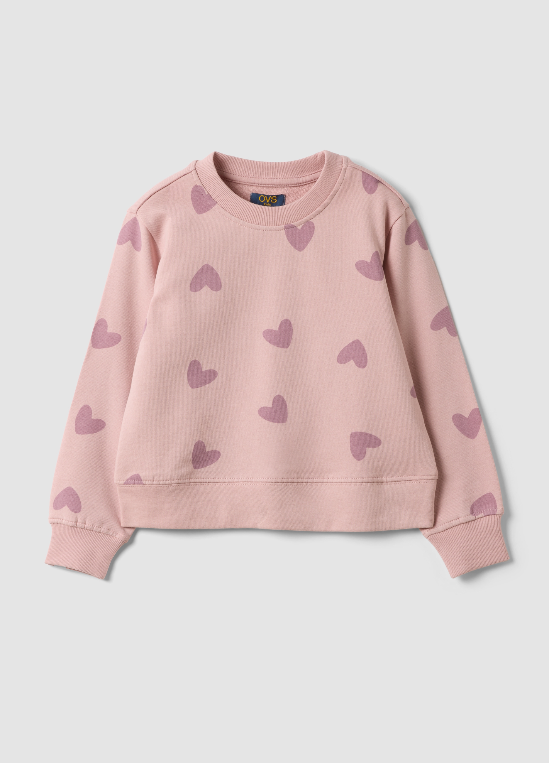 OVS KIDS, Felpa Rosa In Puro Cotone Con Stampa Cuori E Girocollo Per Bambina, Rosa, Taglia: 3-4