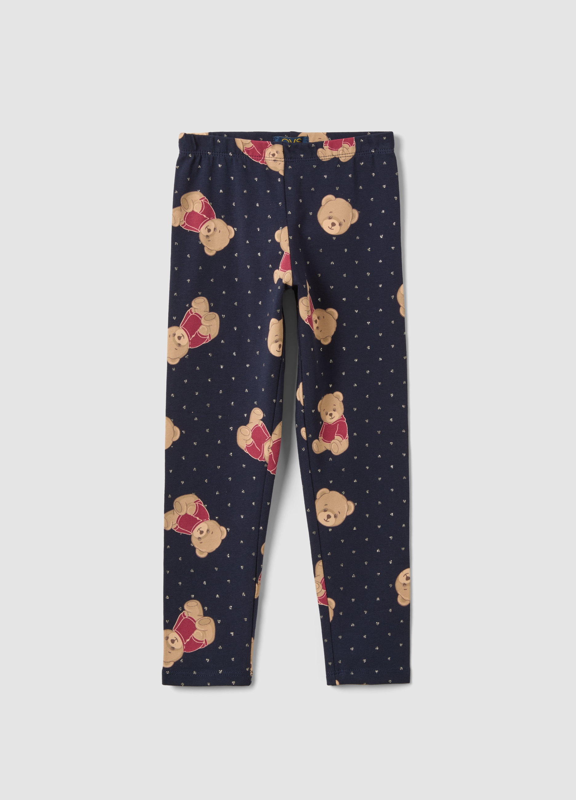 OVS KIDS, Leggings Blu In Cotone Organico Elasticizzato Con Stampa Orsetti Per Bambina, Blu, Taglia: 7-8