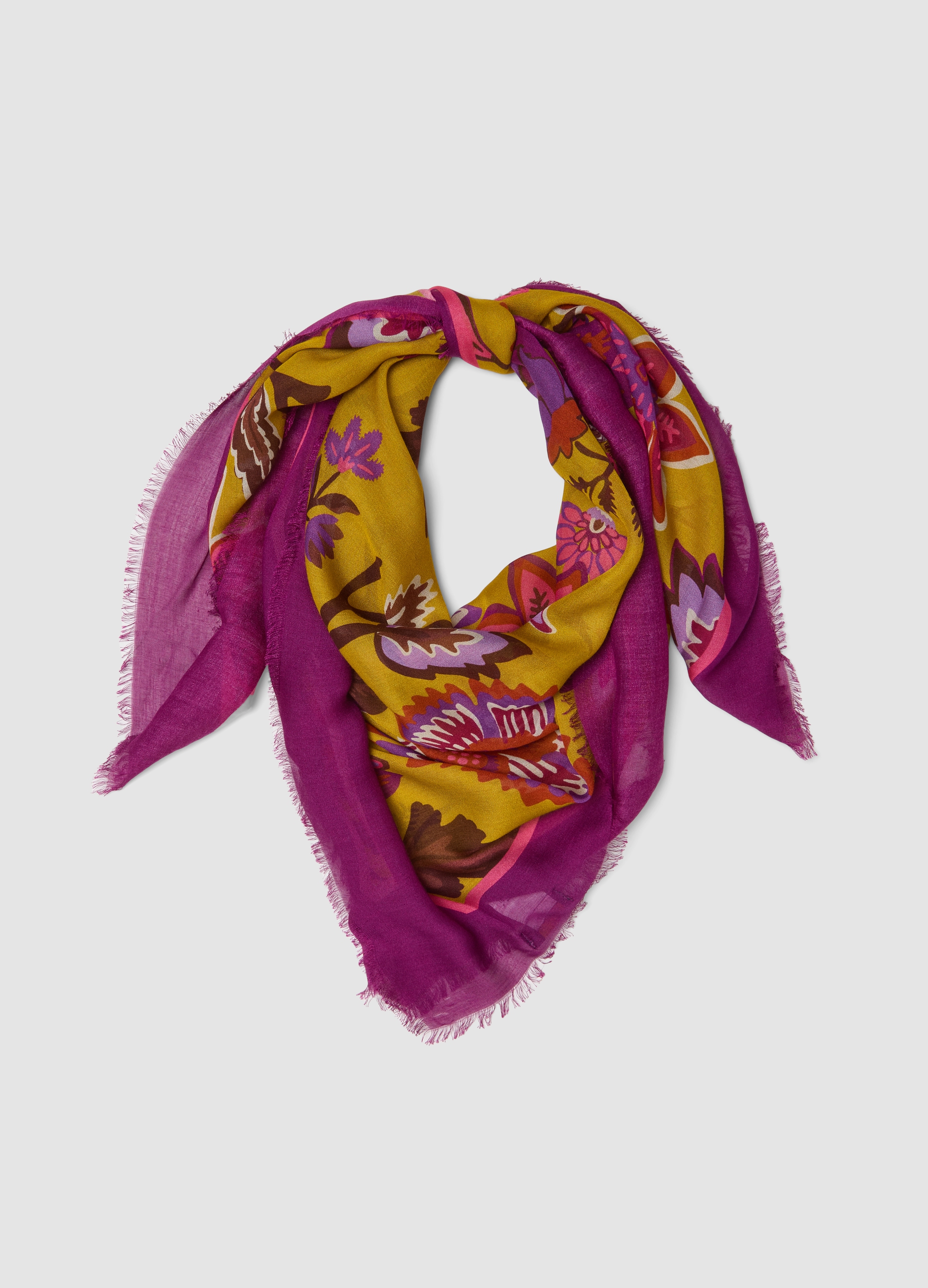PIOMBO, Foulard Viola In Pura Viscosa Con Fantasia Floreale E Bordi Sfrangiati, Donna, Viola, Taglia: ONE SIZE