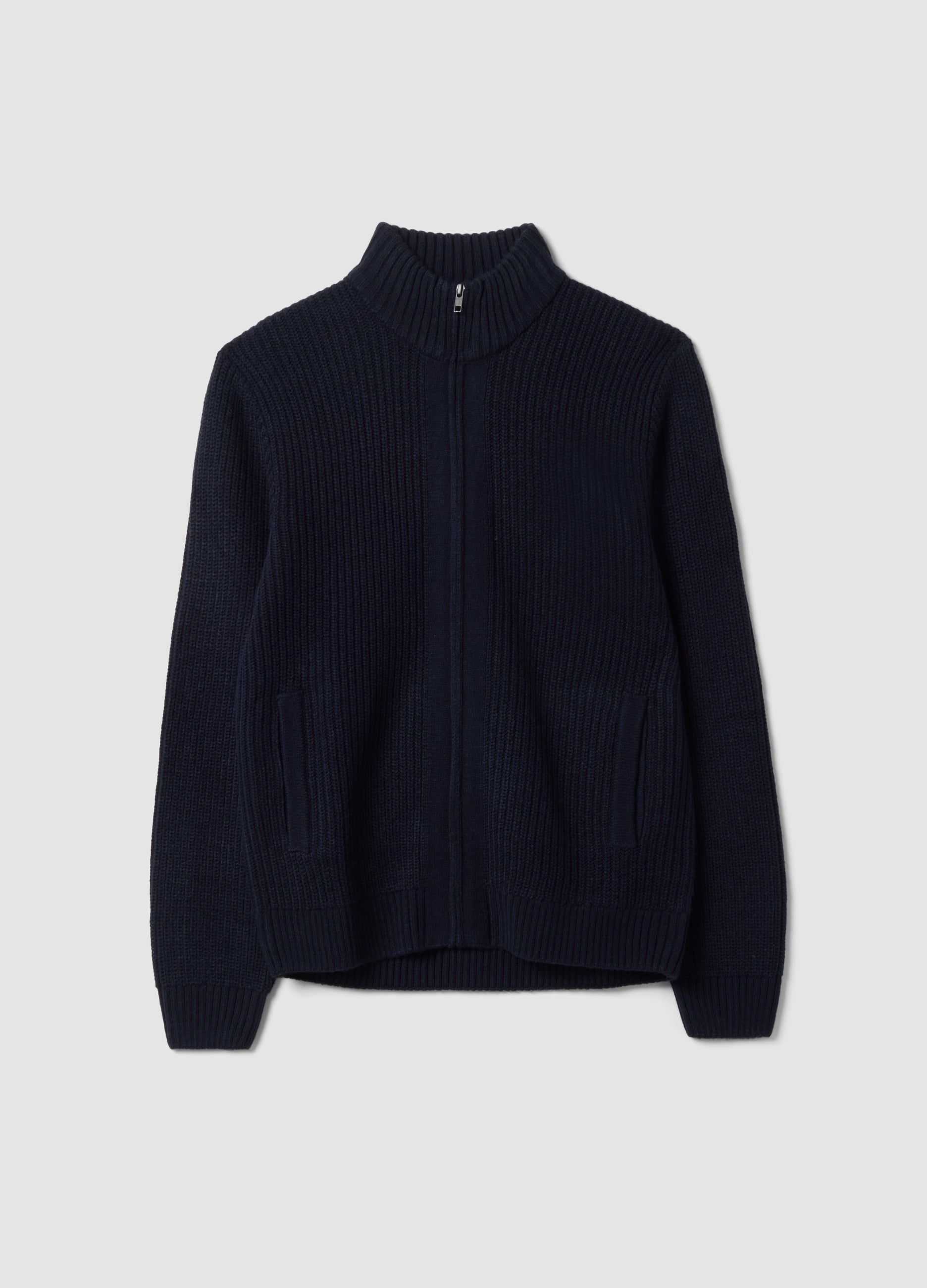 OVS, Cardigan Blu In Maglia A Coste Con Colletto E Zip Regular Fit, Uomo, Blu, Taglia: M