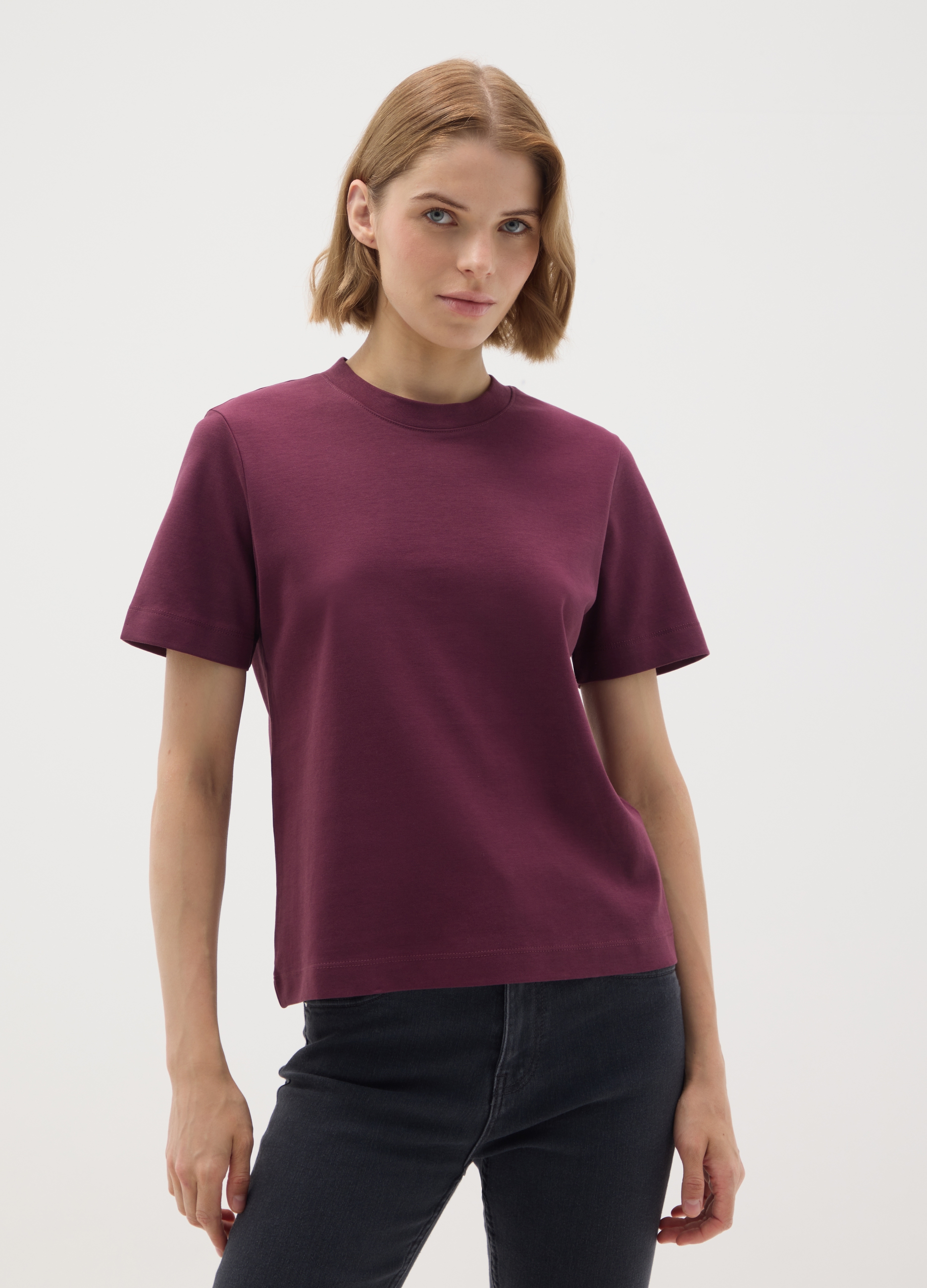 Camiseta Violeta De Algodón Puro Regular Fit, Mujer, Púrpura Vino, Talla: 42