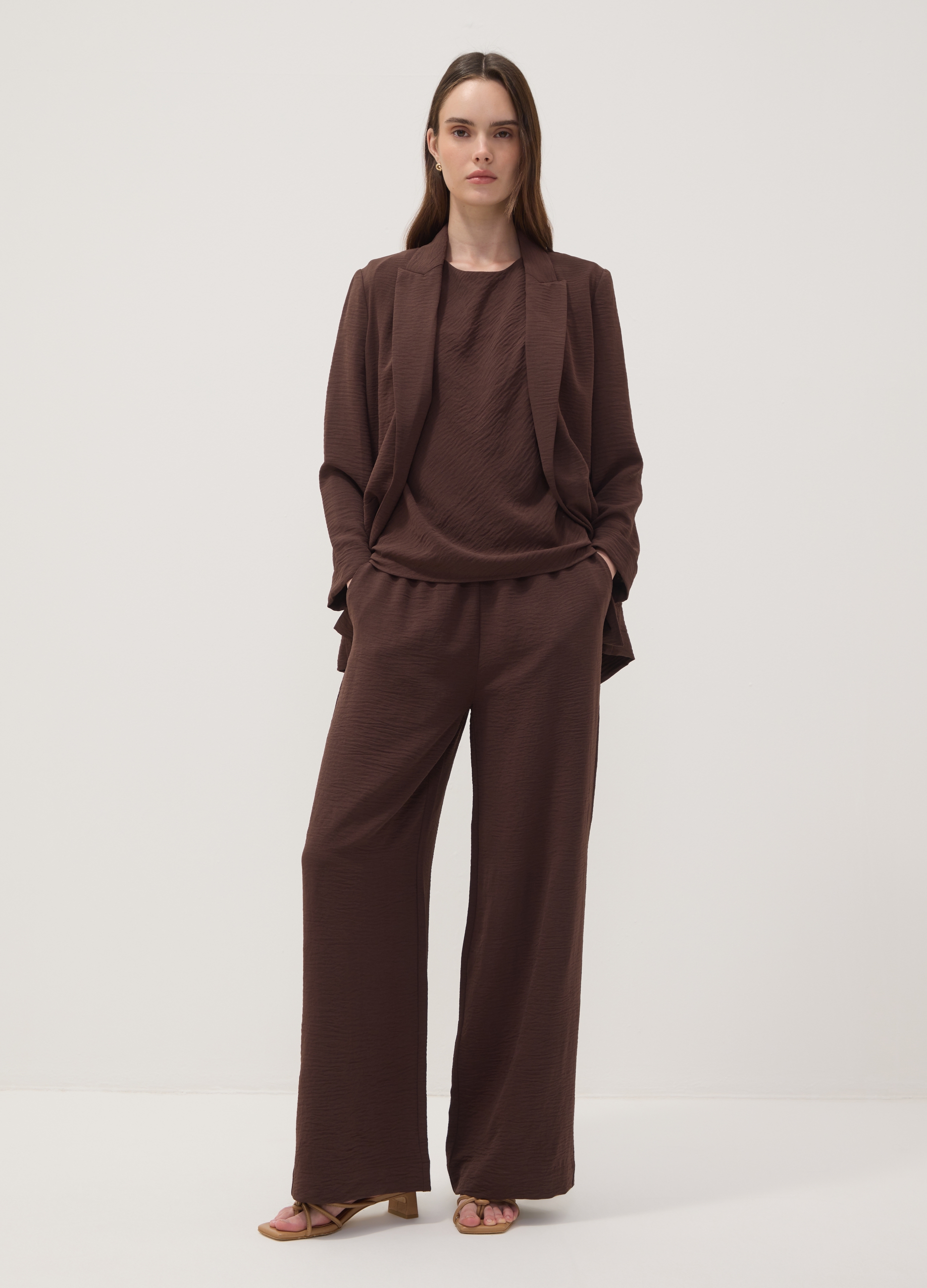 OVS, Pantaloni Marroni Wide Leg Con Vita Elasticizzata, Donna, Marrone, Taglia: S