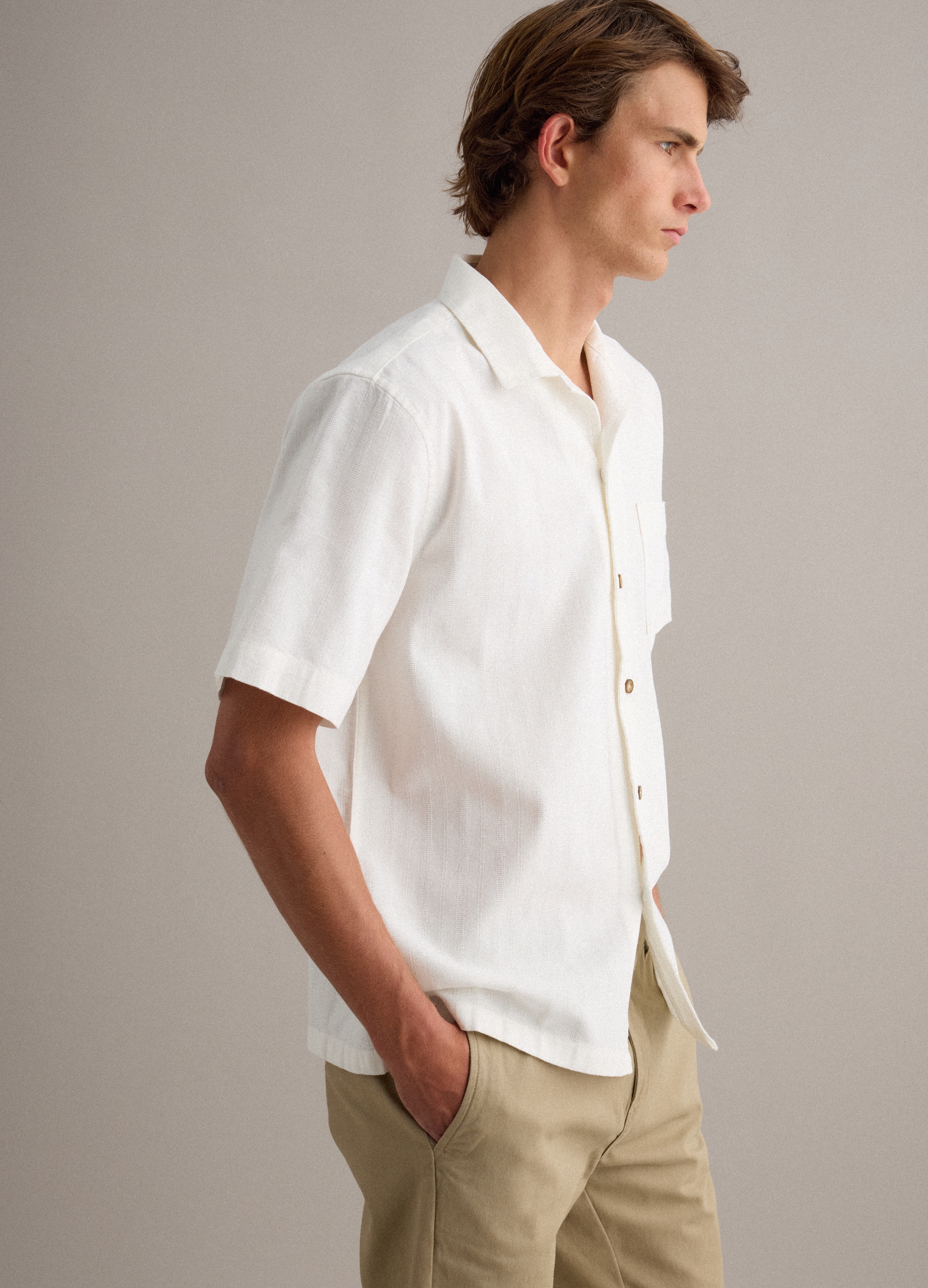 PIOMBO, Camisa Blanca Regular Fit De Algodón Puro Con Rayas Y Bolsillo En El Pecho, Hombre, Blanco suave, Talla: S