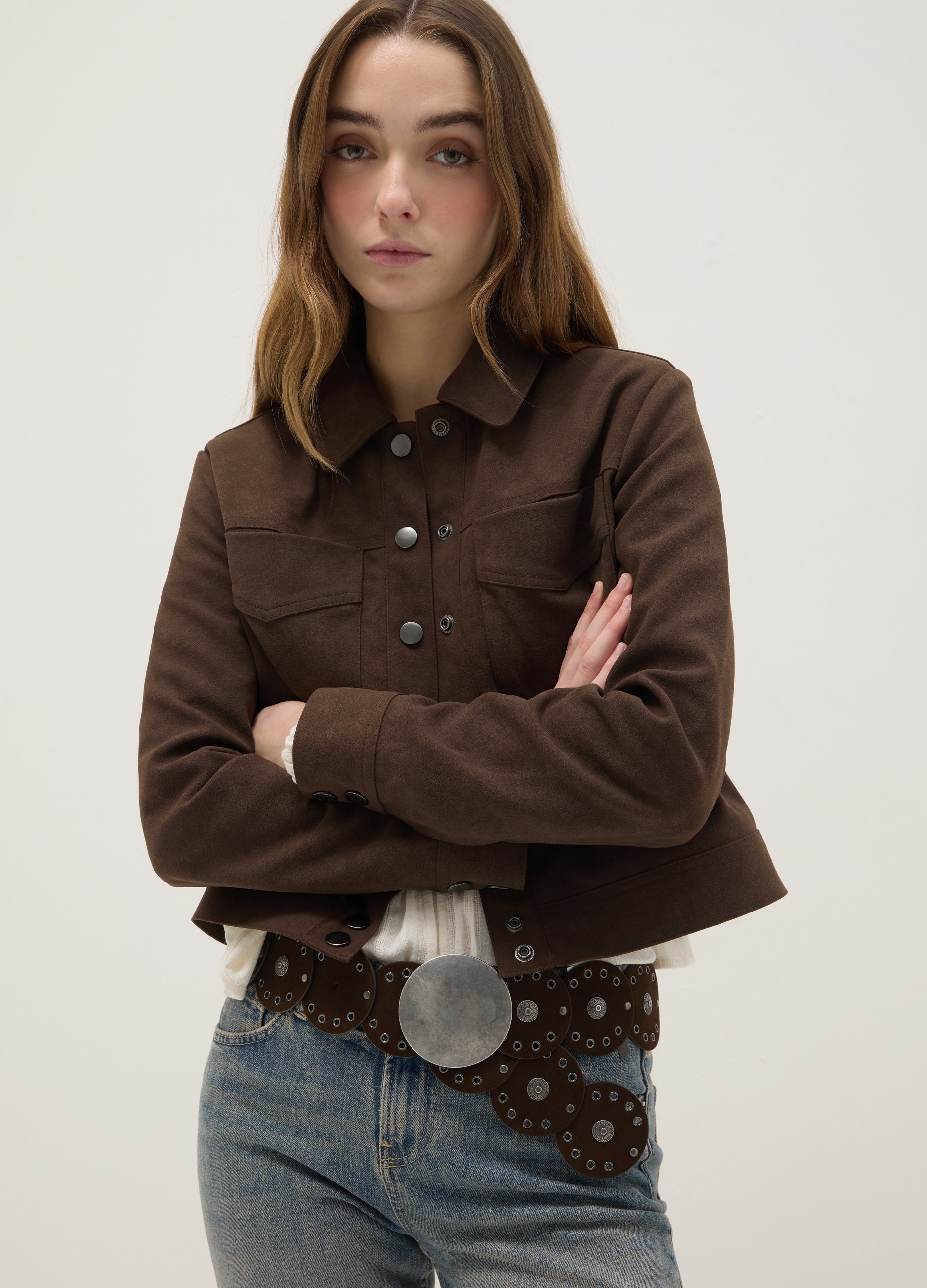 B.ANGEL, Chaqueta Marrón Regular Fit Con Botones De Presión Y Bolsillos En El Pecho, Mujer, Marrón oscuro, Talla: S