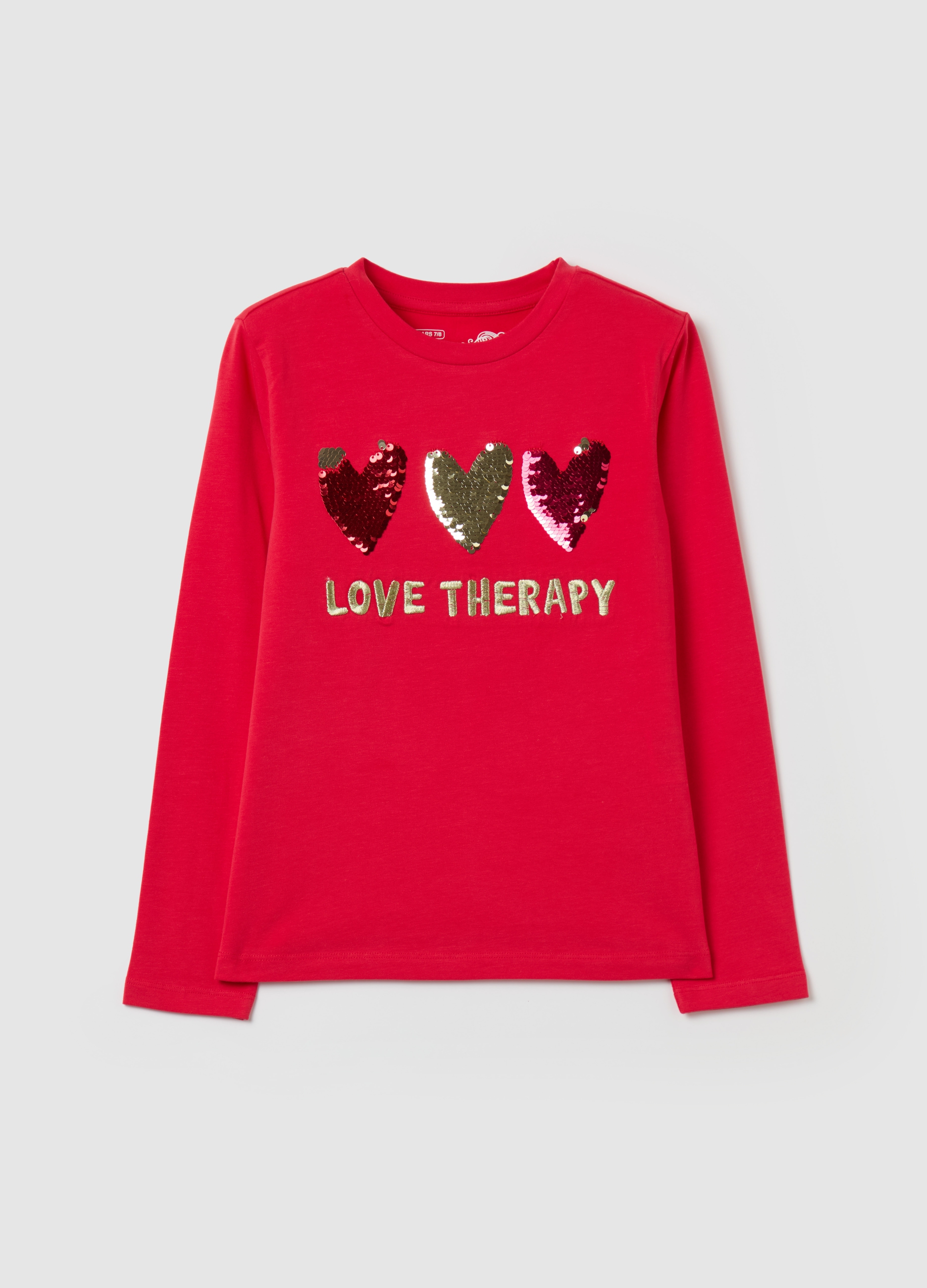 LOVE THERAPY, T-shirt Con Cuori Di Paillettes E Ricamo In Lurex, Bambina, Rosso, Taglia: 3-4