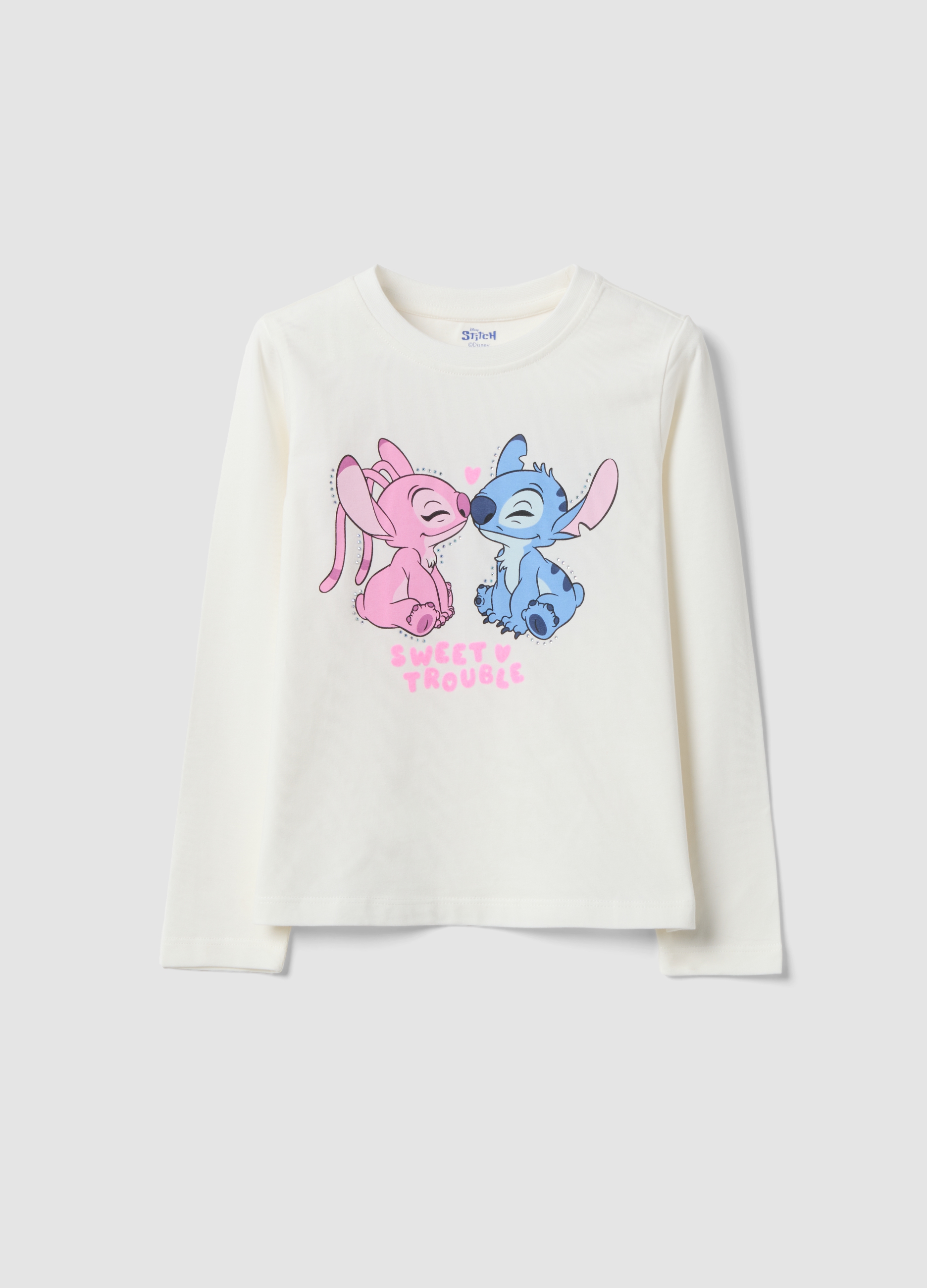 DISNEY, T-shirt Bianca In Cotone Elasticizzato Con Stampa Lilo E Stitch Per Bambina, Bianco, Taglia: 6-7