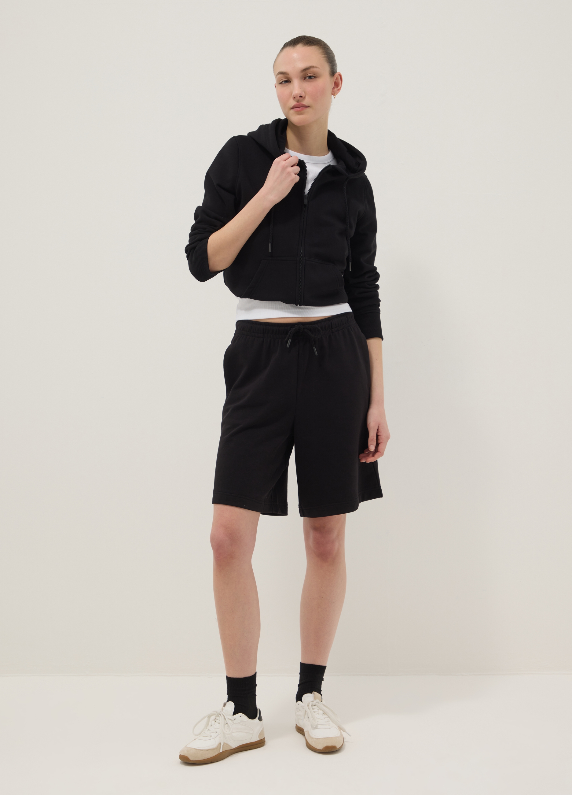 Short Negro De Mezcla De Algodón, Corte Regular, Con Cintura Elástica, Mujer, Negro, Talla: 36