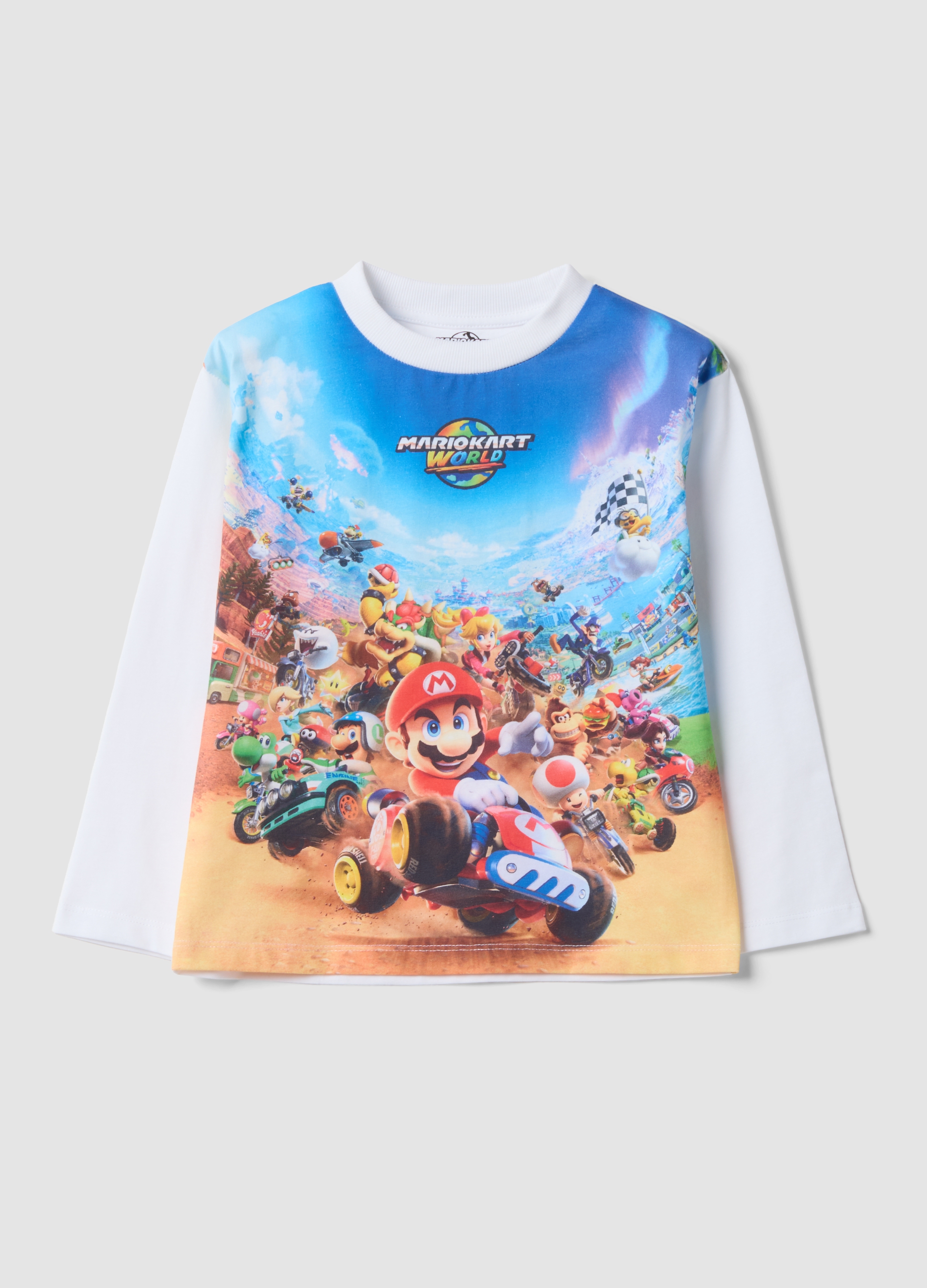 NINTENDO, T-shirt Bianca In Puro Cotone Con Girocollo Stampa Mario Kart, Bambino, Bianco, Taglia: 5-6
