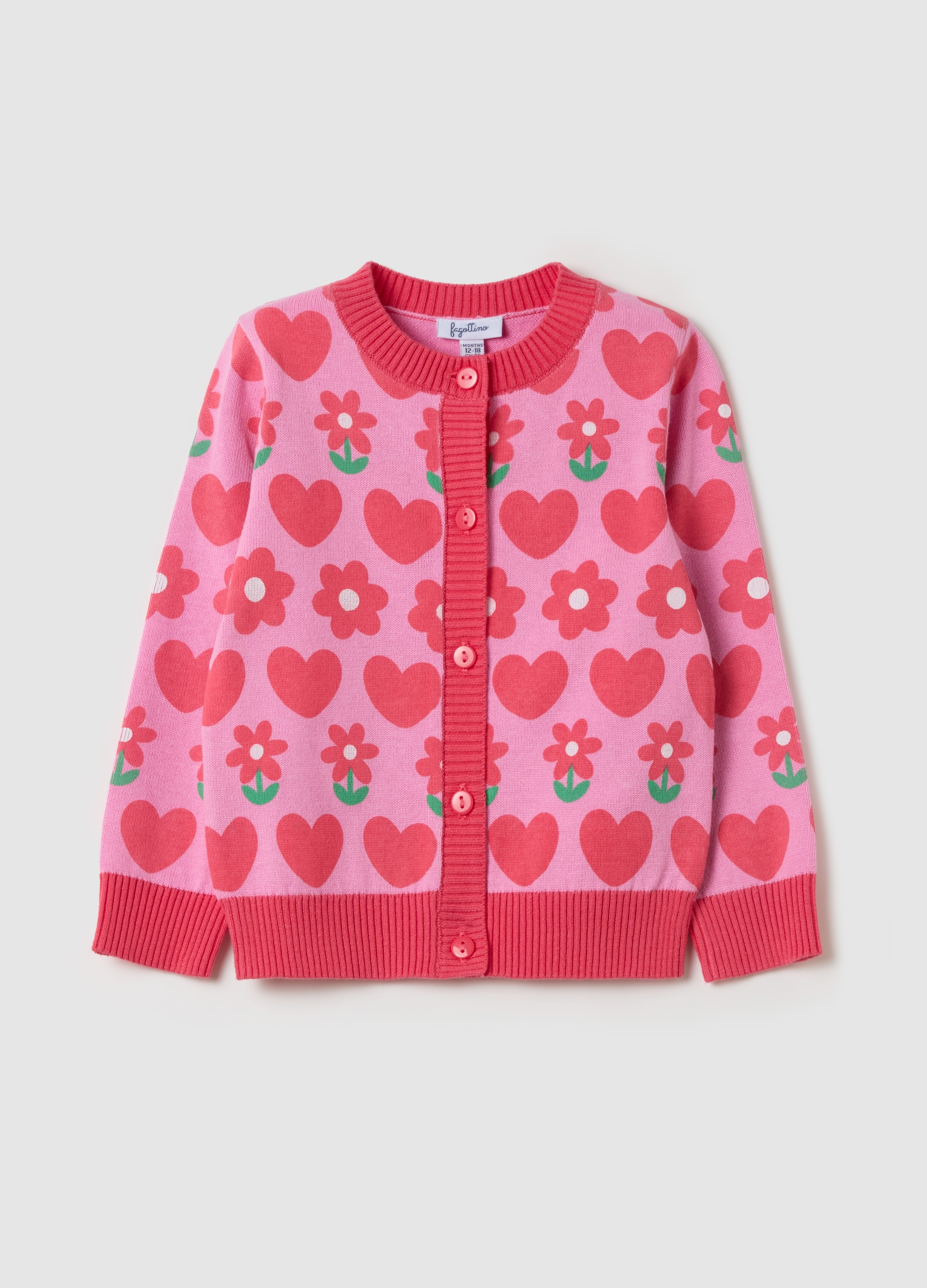 FAGOTTINO, Cardigan Con Disegno Fiori E Cuori All-over, Bambina, Rosa, Taglia: 24-30