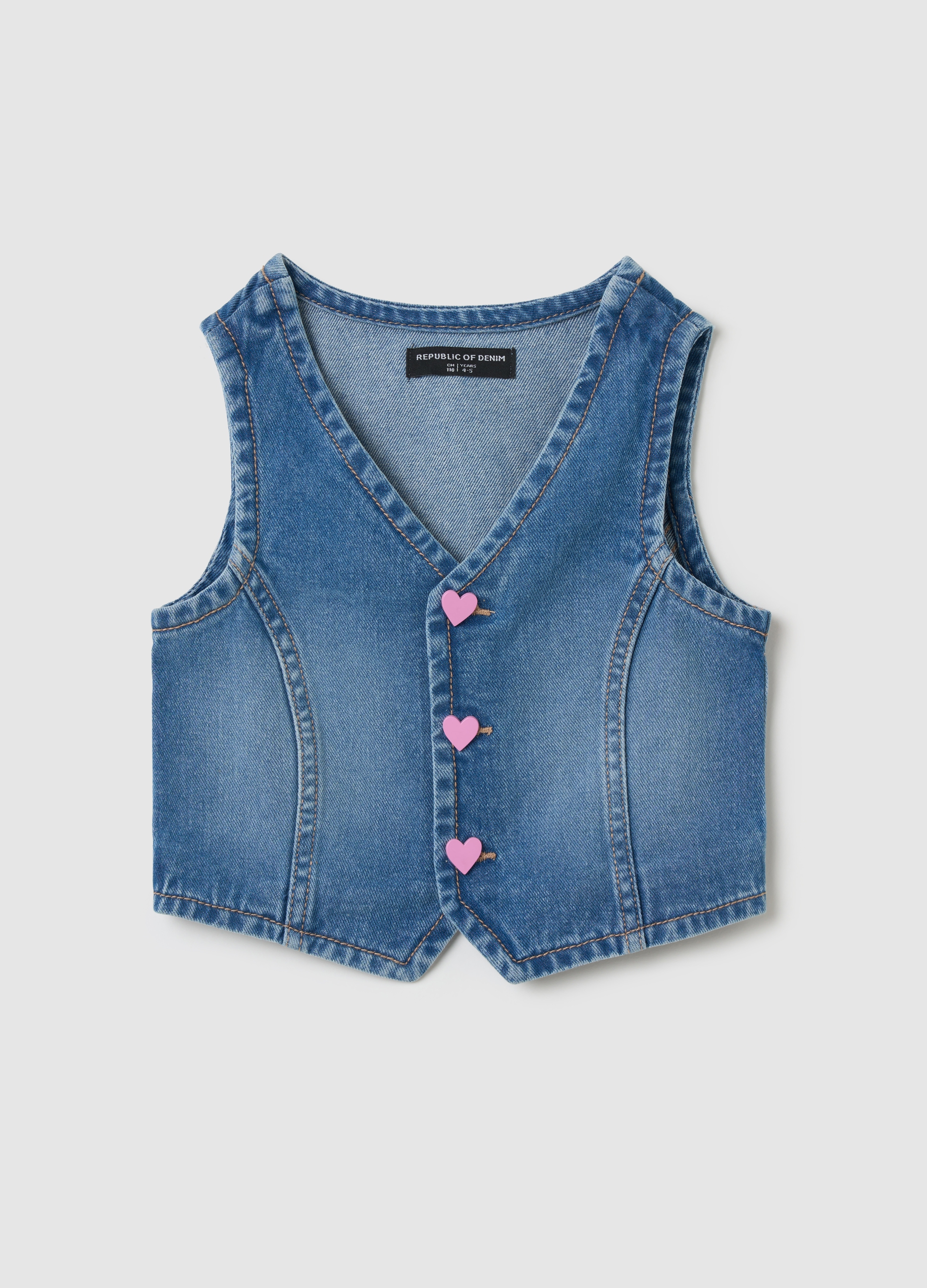 OVS, Gilet In Denim Con Bottoni A Cuore, Bambina, Denim, Taglia: 4-5