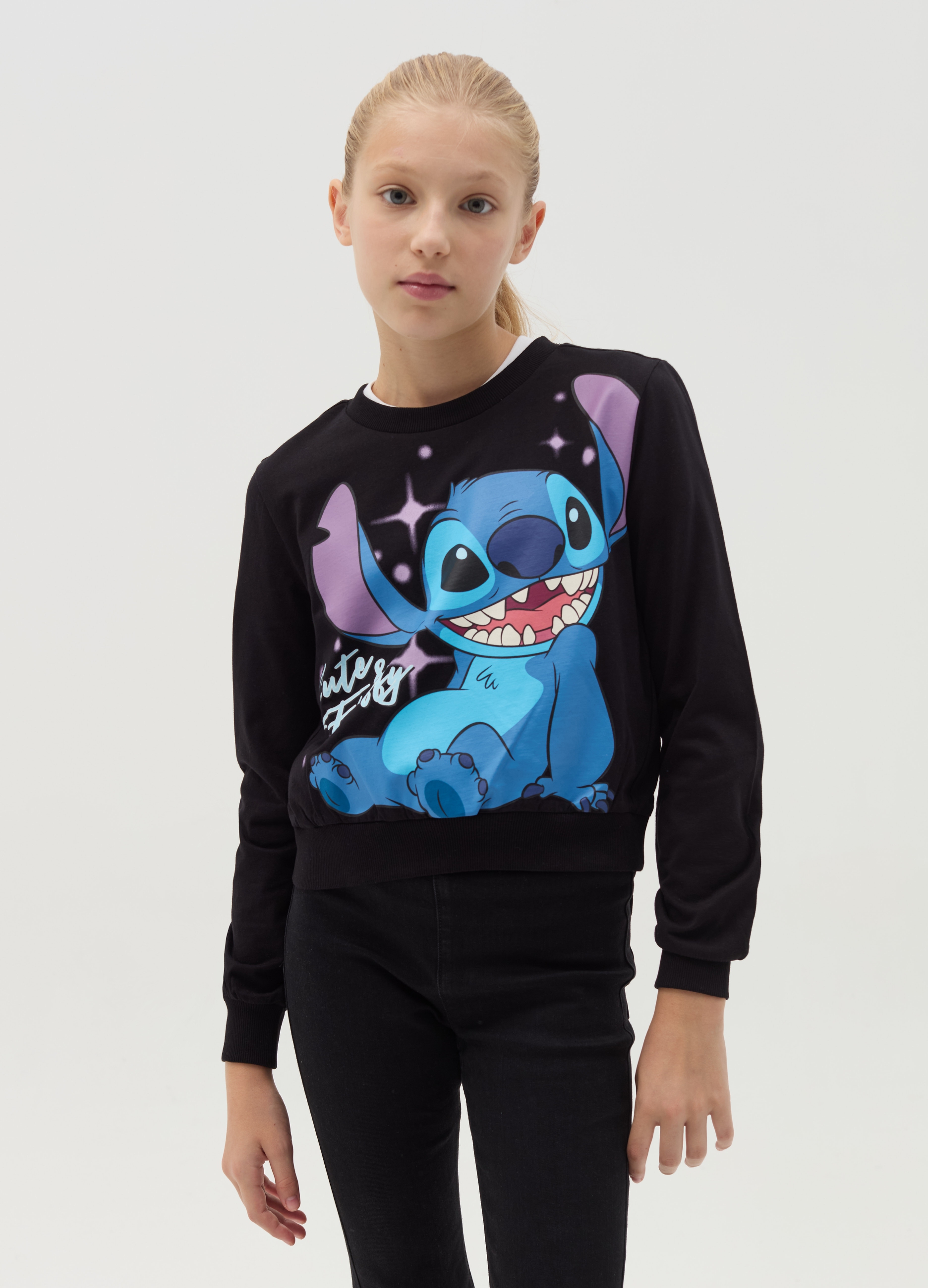 OVS KIDS, Felpa Crop Con Stampa Stitch, Bambina, Nero, Taglia: 13-14