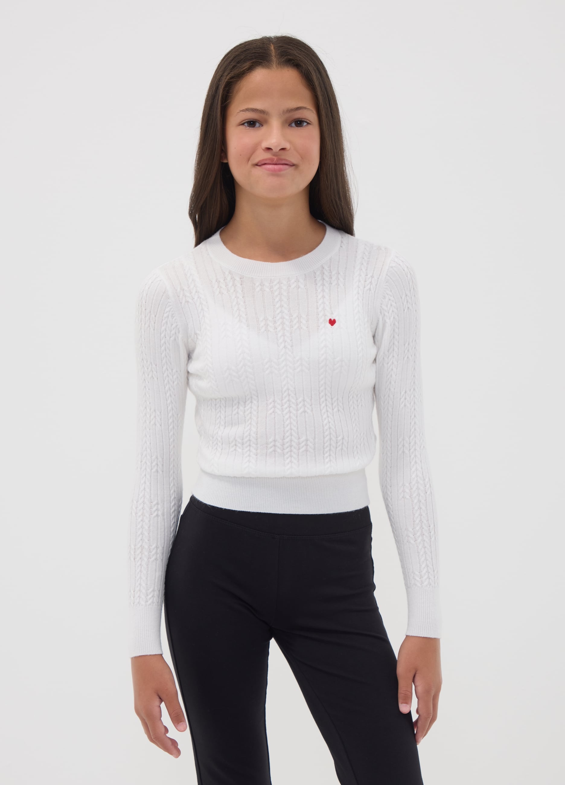 OVS KIDS, Maglia Fitted Bianca In Misto Viscosa A Trecce Con Girocollo Per Ragazza, Bambina, Bianco, Taglia: 11-12