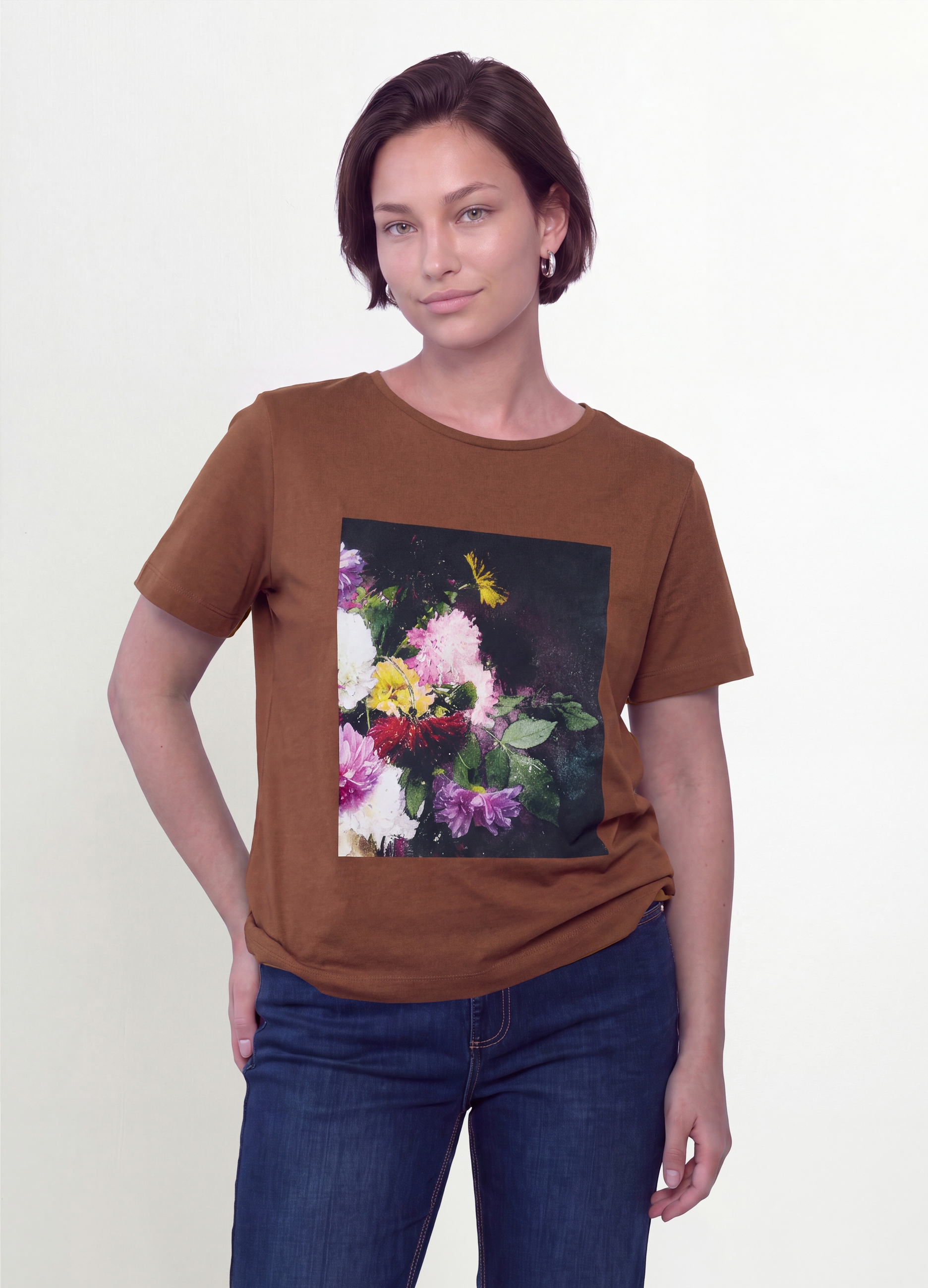 MYA, T-shirt Marrone In Puro Cotone Con Stampa Floreale Regular Fit, Donna, Marrone, Taglia: XL