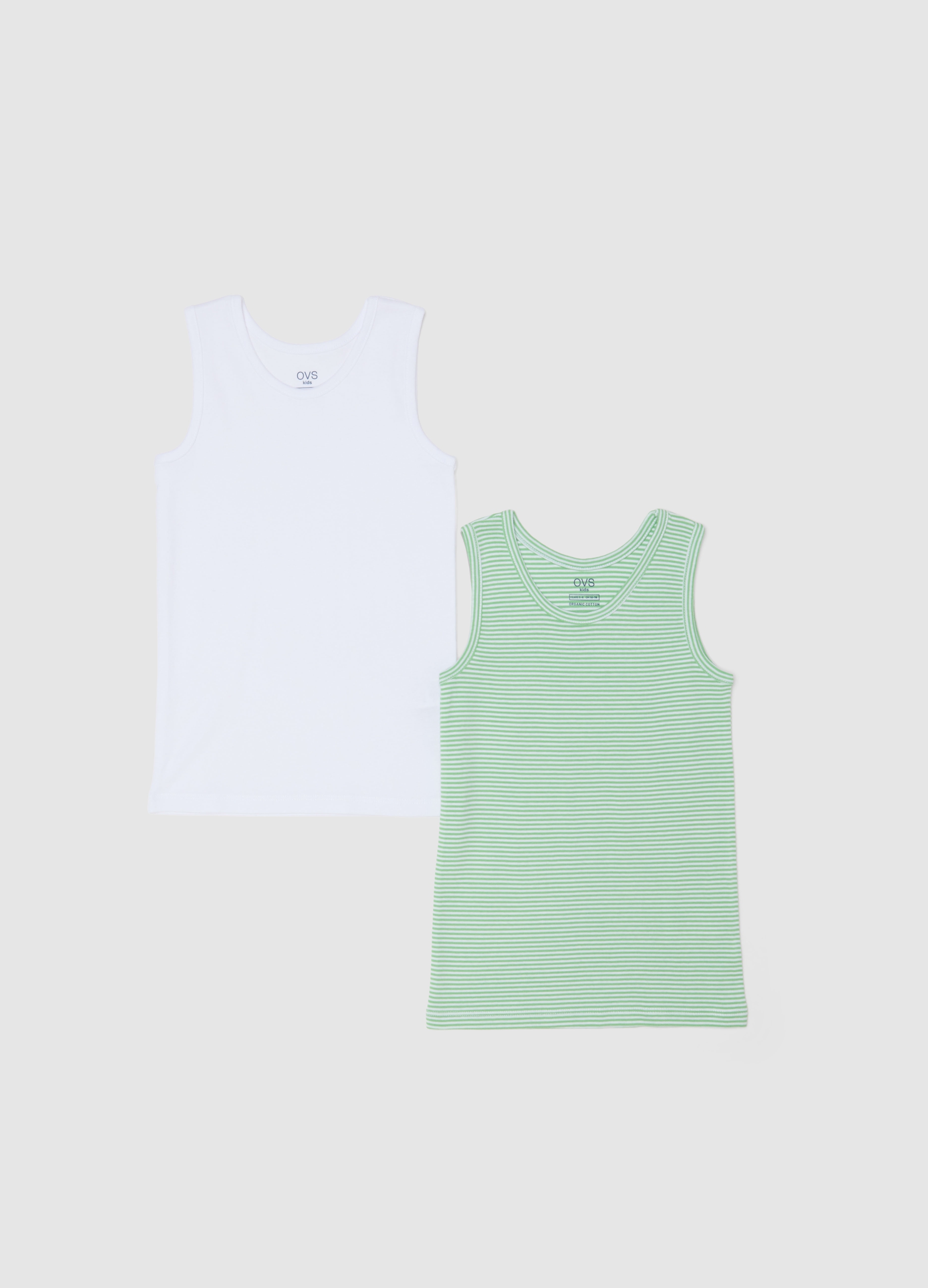 OVS KIDS, Paquete De Dos Camisetas Sin Mangas Multicolores De Algodón Puro Para Niños, Ajuste Regular, Niño, Blanco/verde, Talla: 5-6