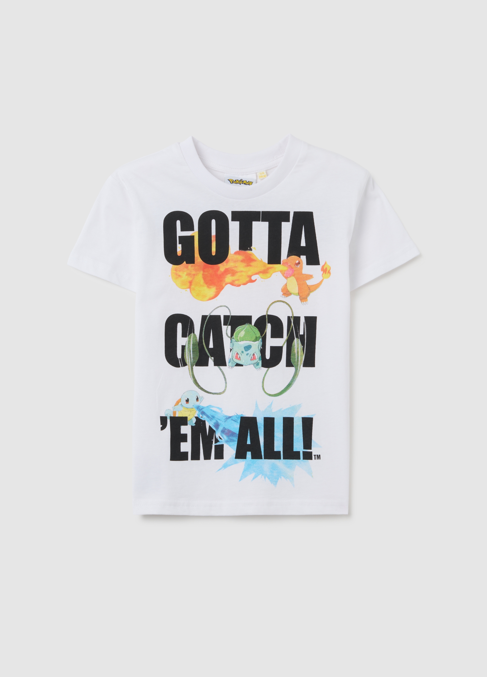 OVS, T-shirt Da Bambino In Puro Cotone Bianca Regular Fit Con Stampa Pokémon, Bianco, Taglia: 5-6