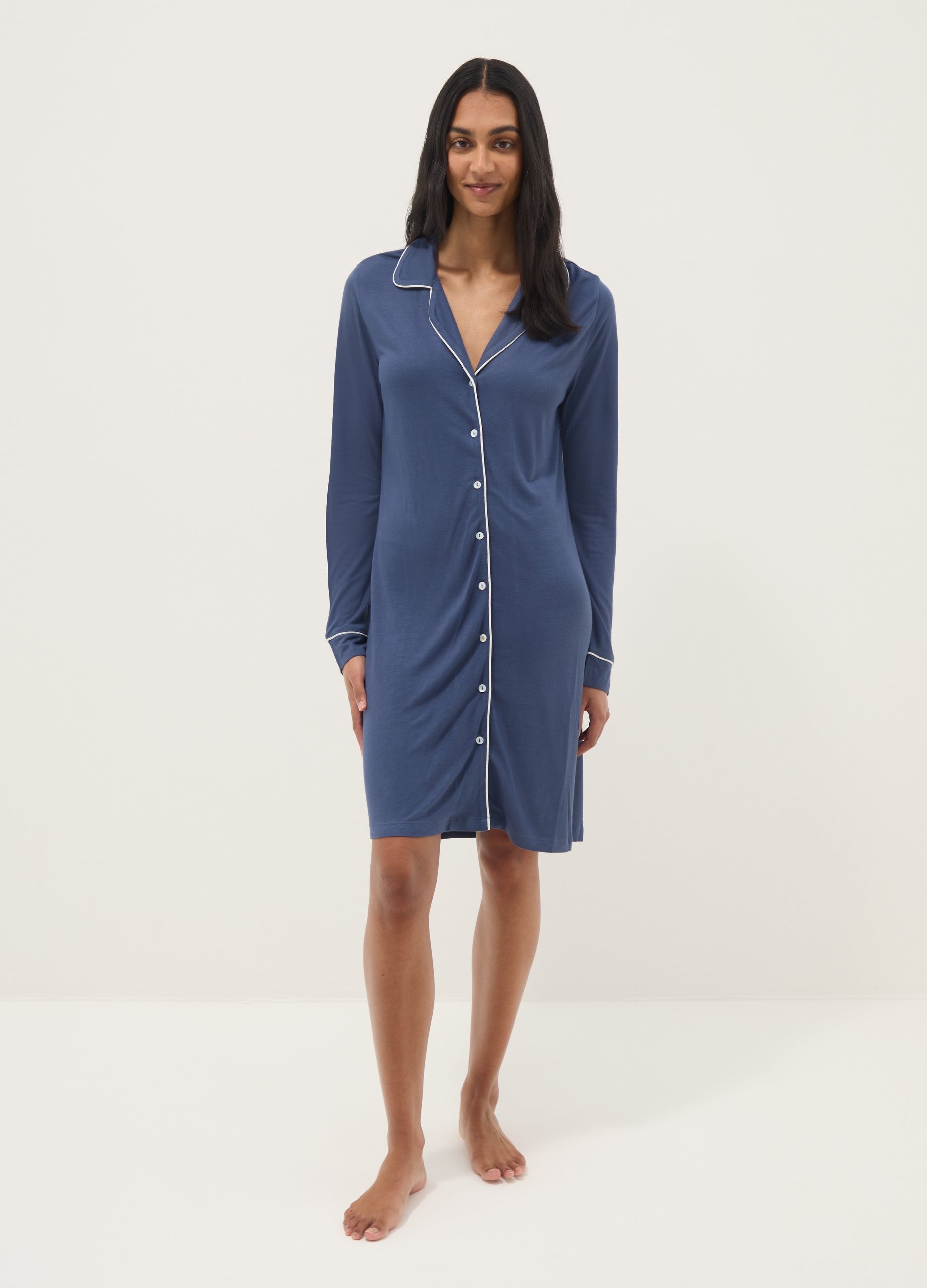 Camisón Azul De Pura Viscosa Con Botones, Mujer, Azul marino, Talla: L