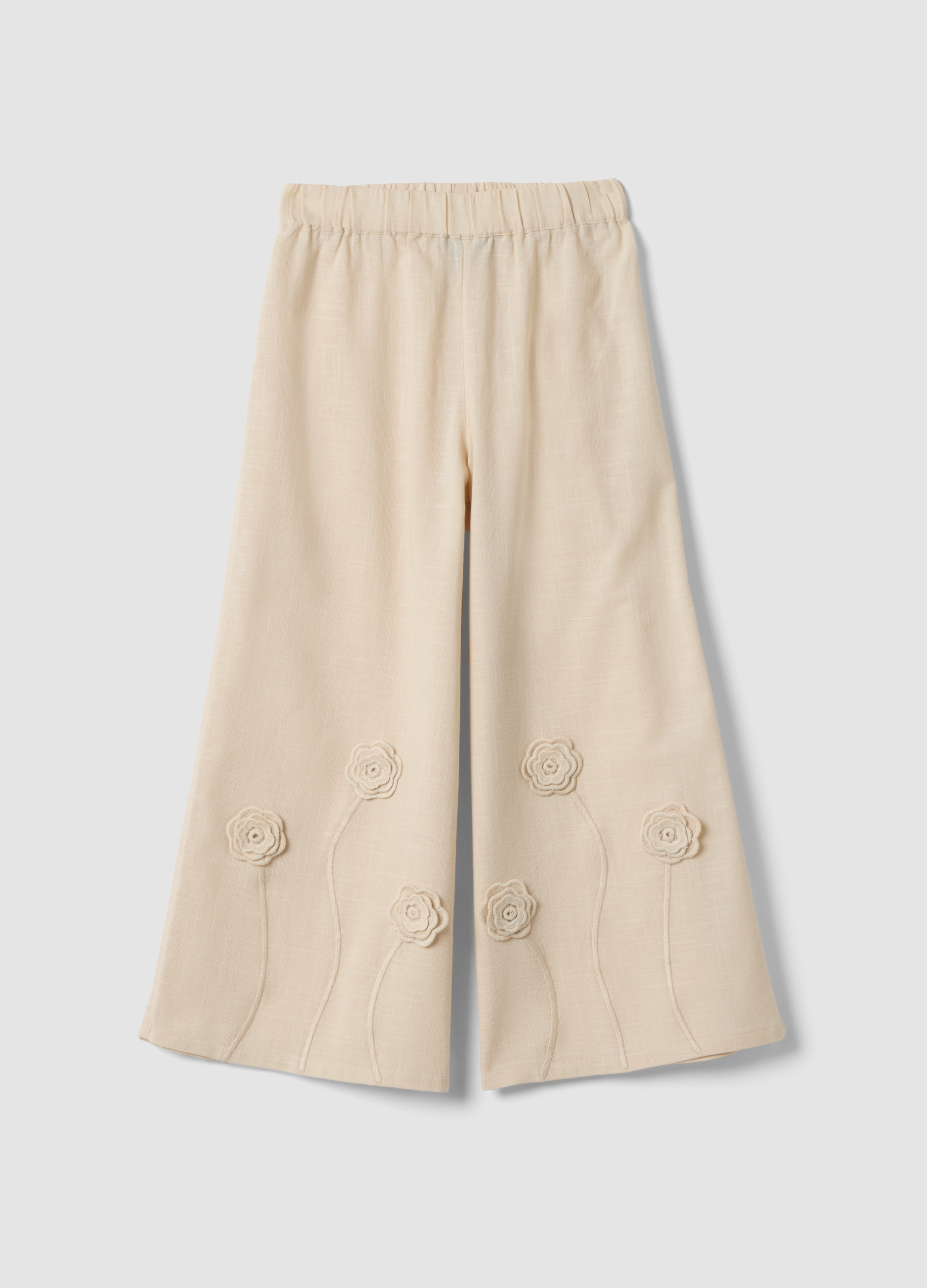 PIOMBO KIDS, Pantalones Beige De Algodón Para Niña Con Pierna Ancha Y Bordados Florales, Niña, Marrón crudo, Talla: 12