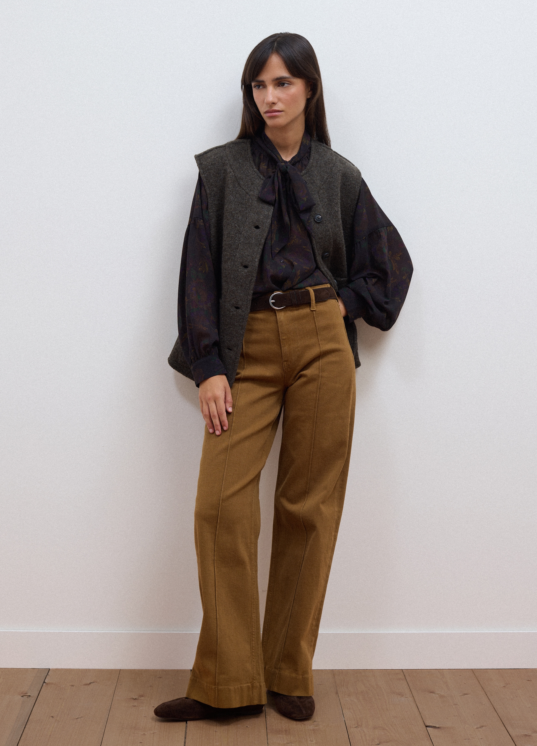LES COPAINS, Jeans Marroni Wide Leg In Twill Di Cotone Elasticizzato, Donna, Marrone, Taglia: 40
