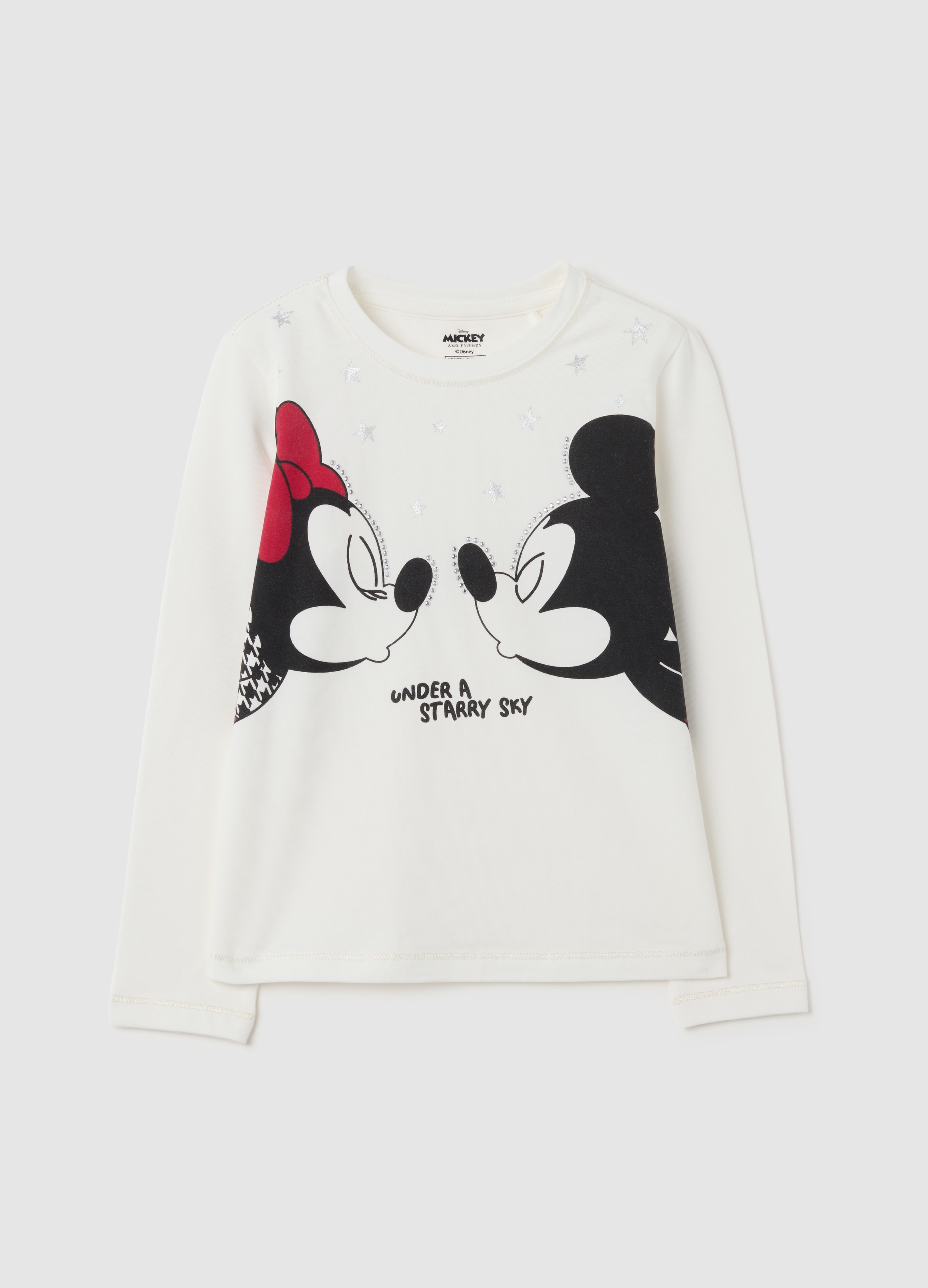 DISNEY, T-shirt Da Bambina In Cotone Elasticizzato Con Stampa Minnie E Topolino, Bianco, Taglia: 4-5