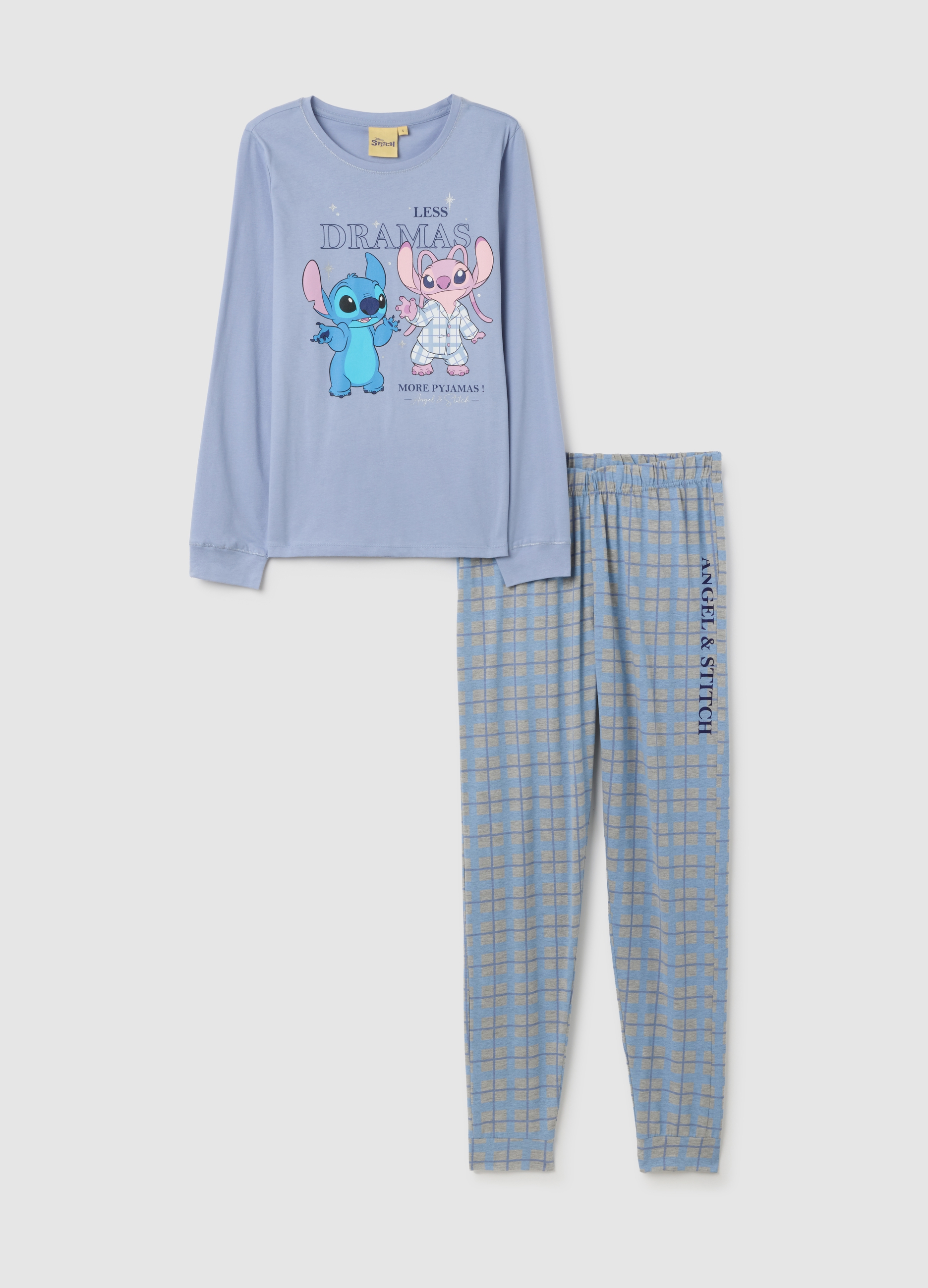 Pigiama In Puro Cotone Azzurro Con Stampa Stitch, Mujer, Azul Claro/Gris, Talla: XXL