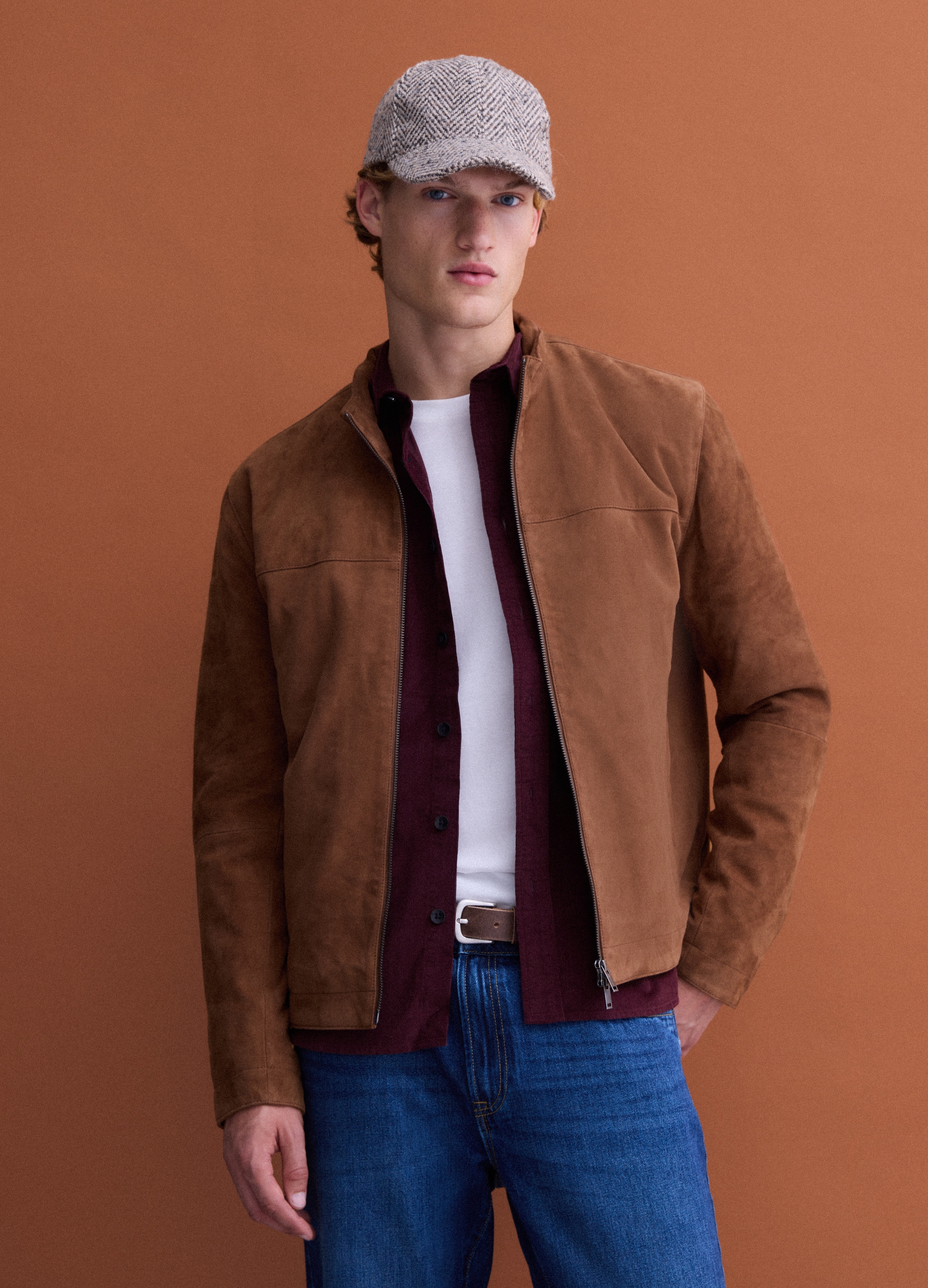 Piombo Chaqueta Marrón De Piel Auténtica Con Cremallera, Corte Regular, Hombre, Camello, Talla:
