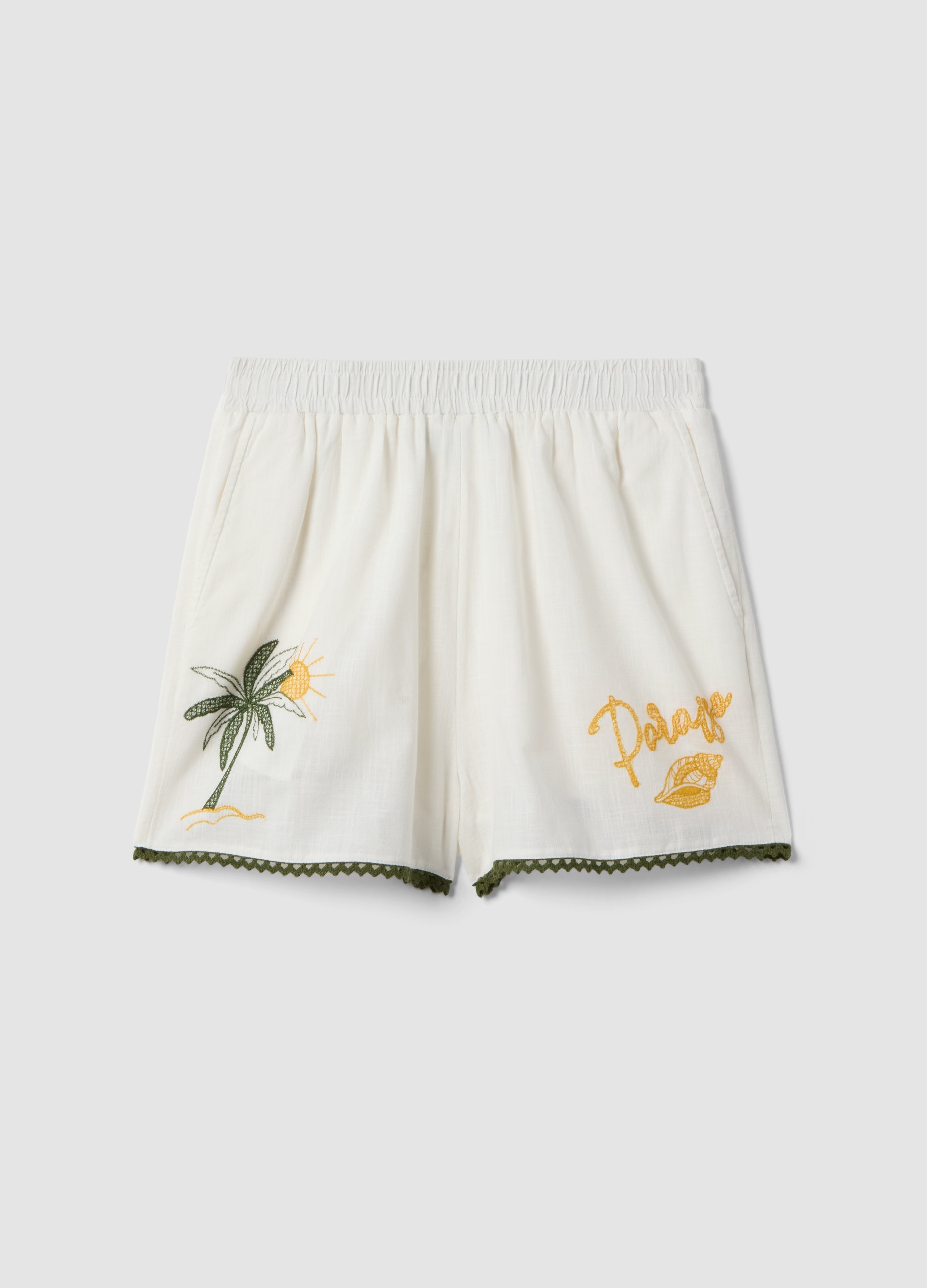 Shorts De Playa Blancos De Algodón Puro Con Bordados, Mujer, Blanco, Talla: 42