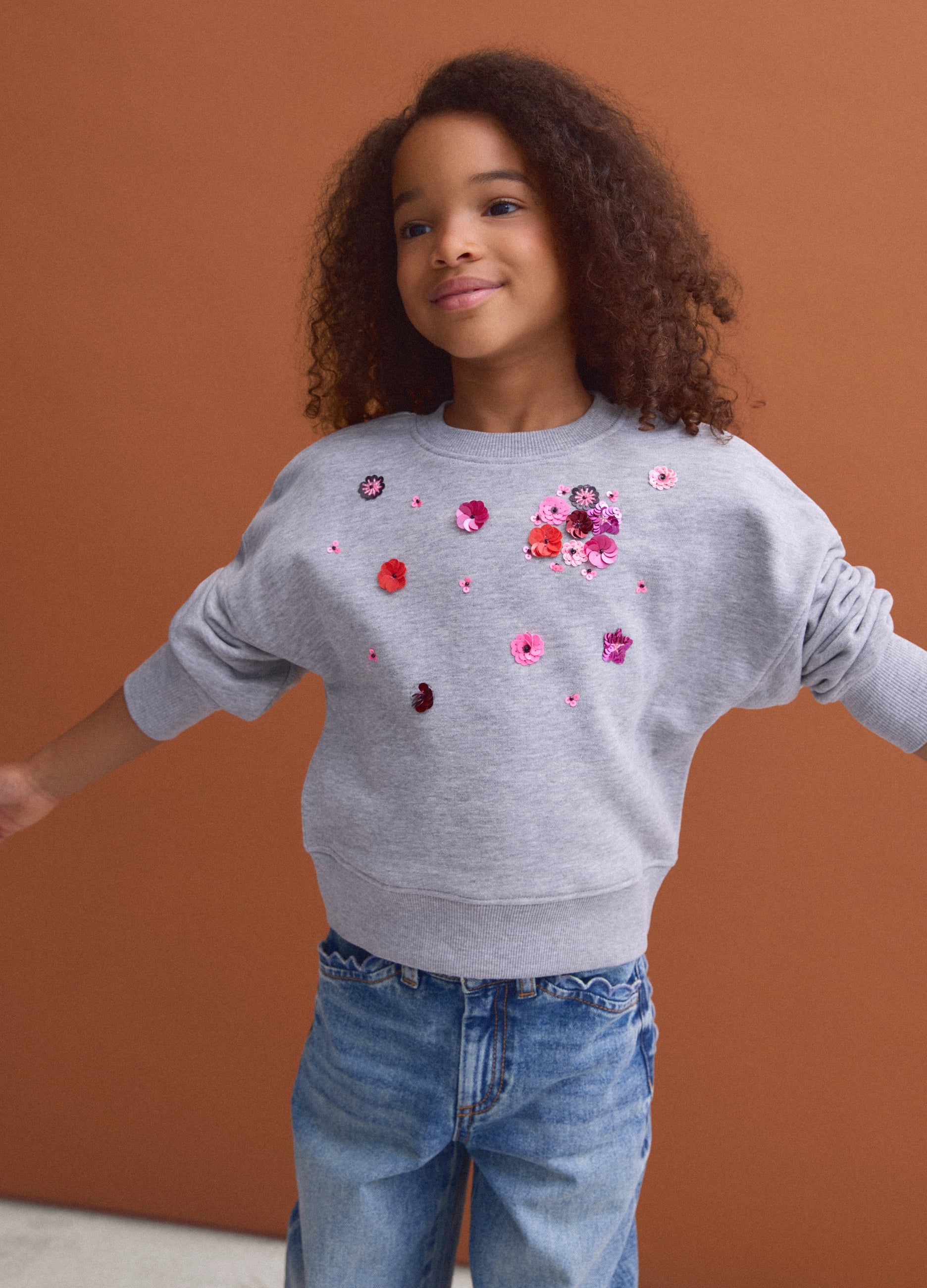 PIOMBO KIDS, Felpa Grigia In Misto Cotone Con Girocollo E Paillettes, Bambina, Grigio, Taglia: 10