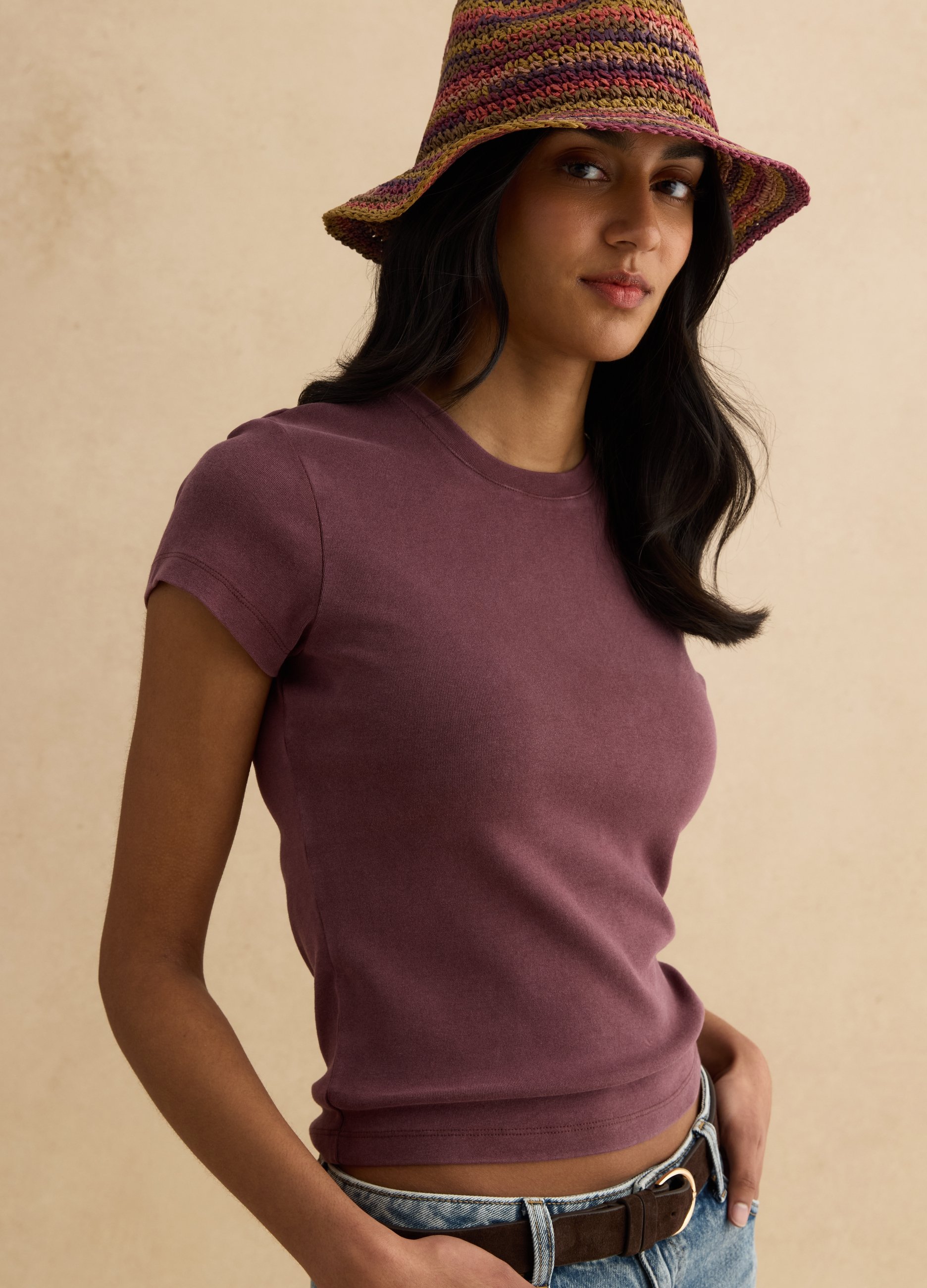 LES COPAINS, Camiseta Ajustada De Algodón Elástico Morado, Mujer, Berenjena, Talla: 42