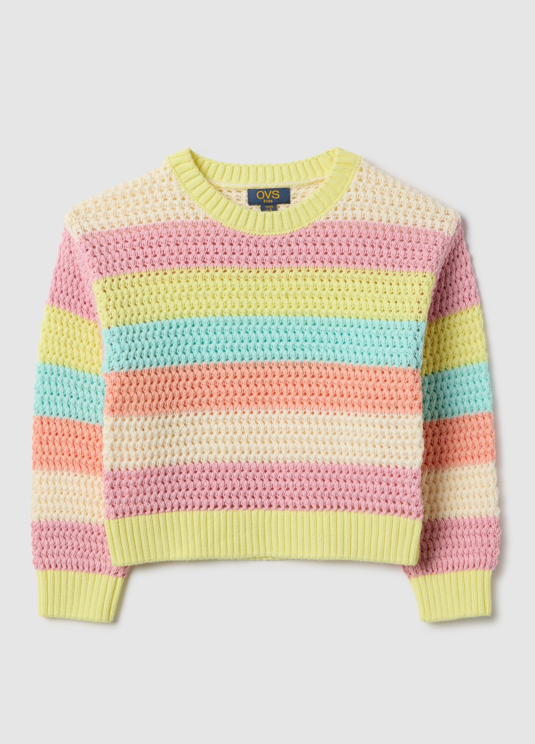 OVS KIDS, Jersey De Pur Algodón Con Rayas Multicolores Para Niña, Ajuste Regular, Niña, Amarillo/Rosa, Talla: 6-7