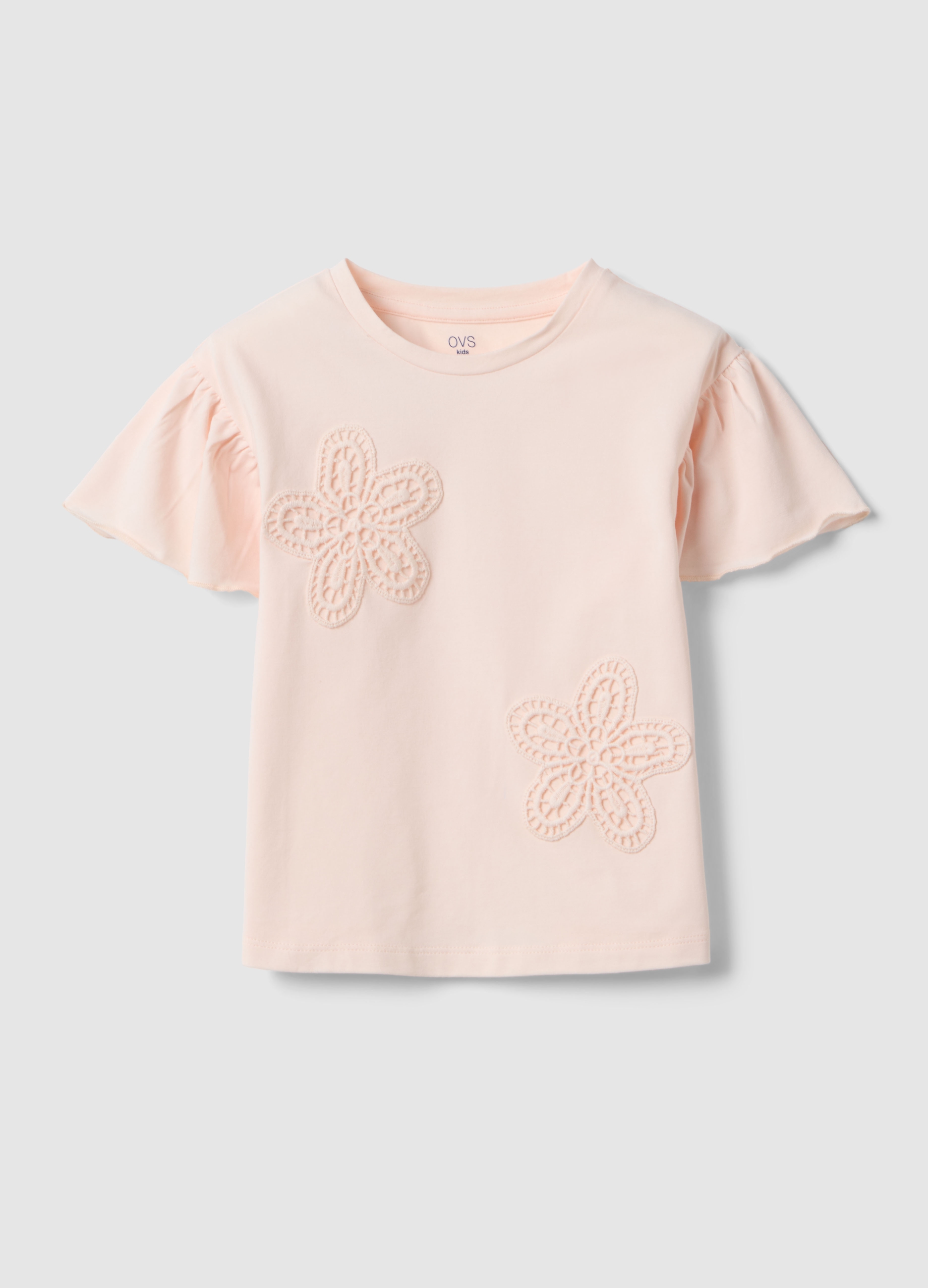 OVS KIDS, Camiseta Rosa De Algodón Elástico Para Niñas Con Bordados Florales, Niña, Rosa Claro, Talla: 4-5