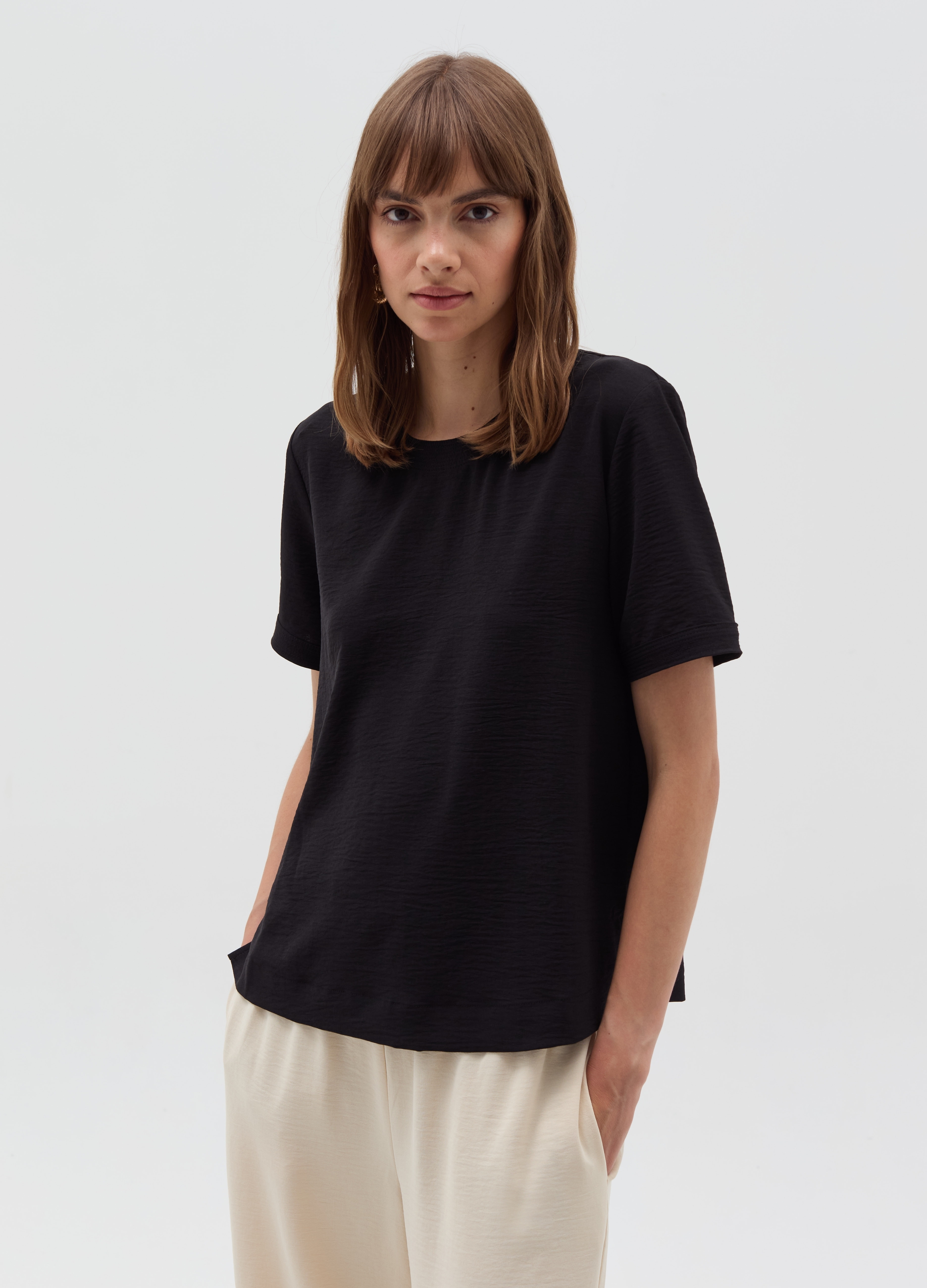 OVS, Blusa Effetto Crinkle Con Spacchetti, Donna, Bianco, Taglia: M