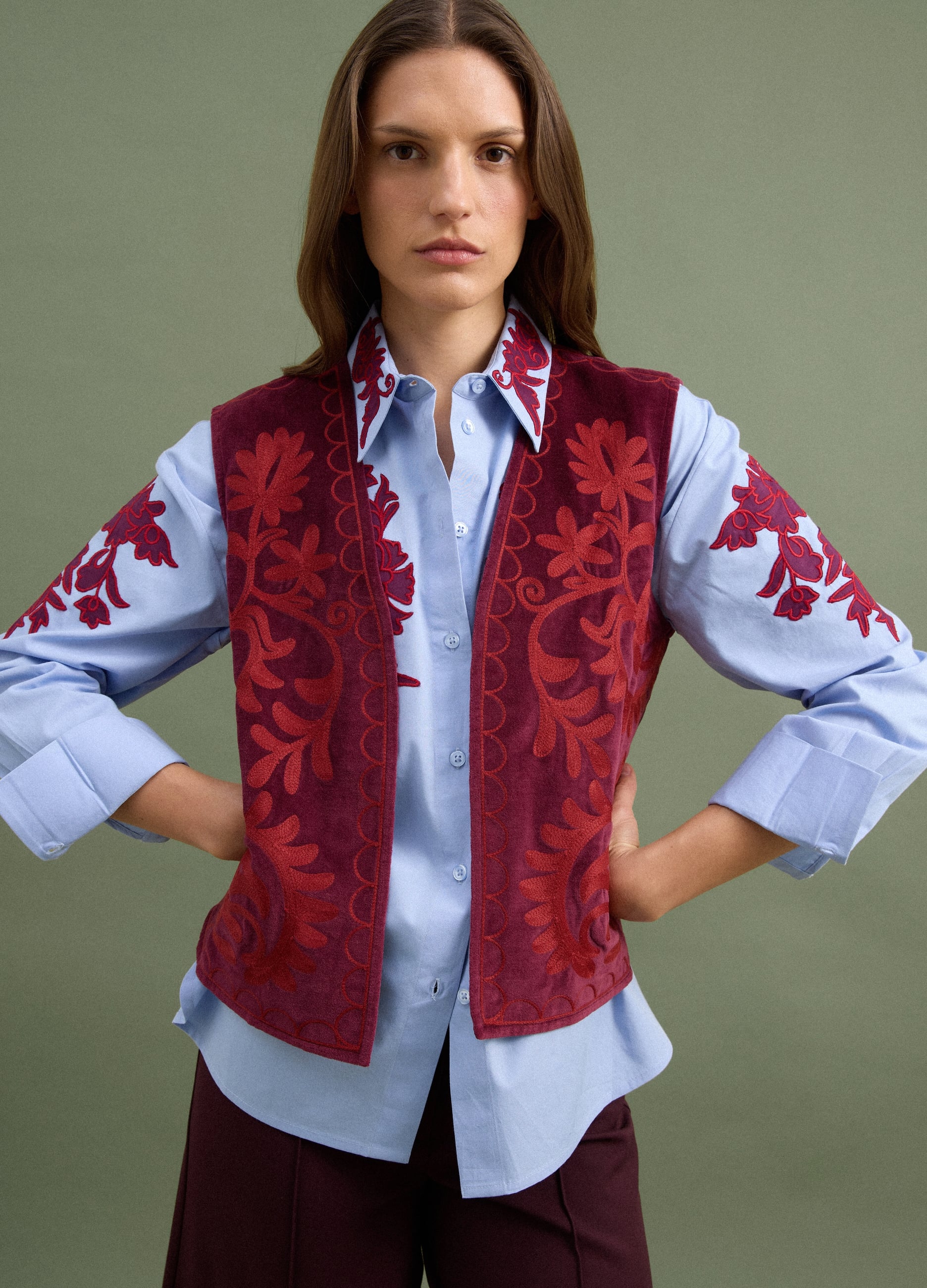 PIOMBO, Gilet Rosso In Puro Cotone Con Ricami Floreali, Donna, Rosso, Taglia: XL